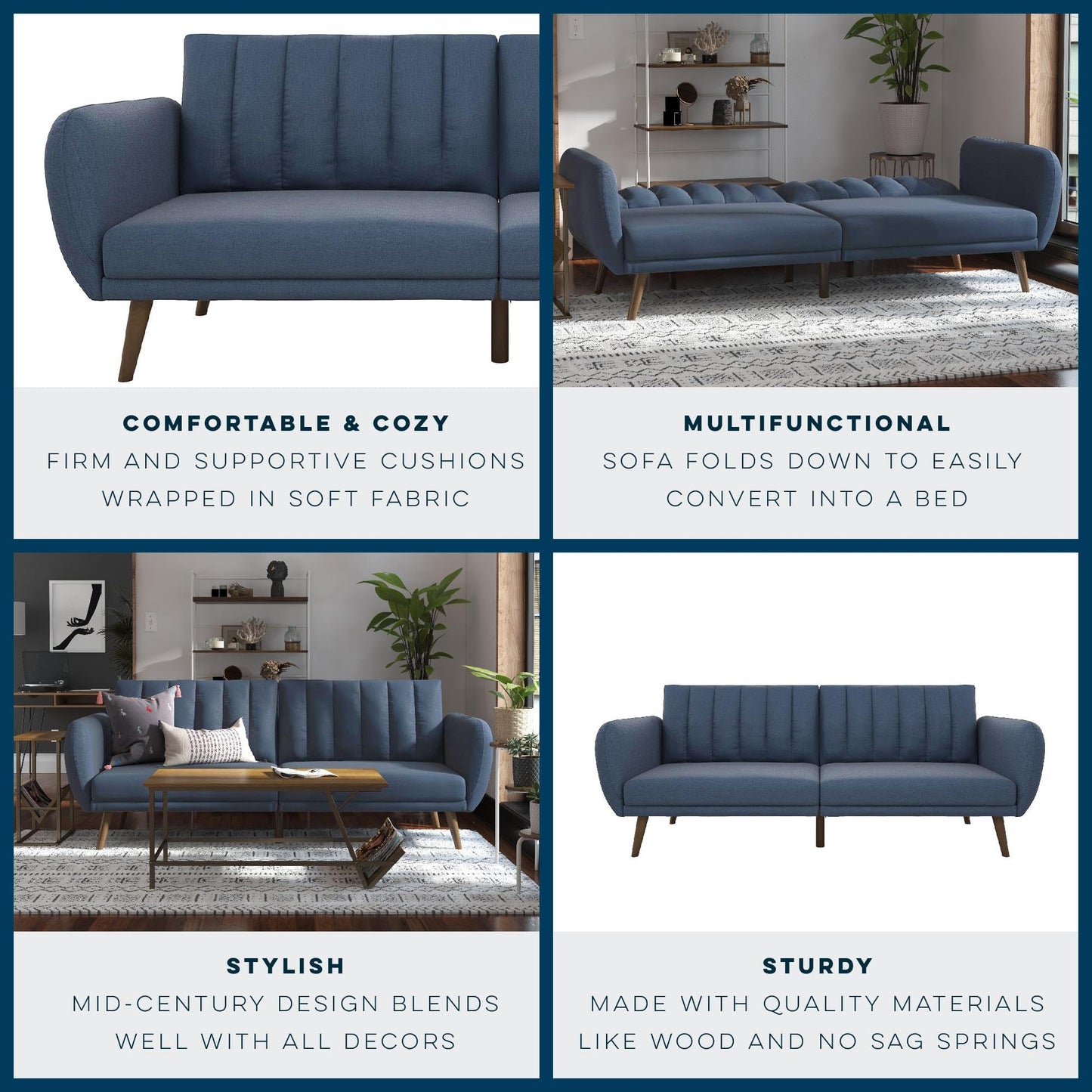 Novogratz Brittany Sofa Futon, Premium Linen Upholstery and Wooden Legs, Blue Linen