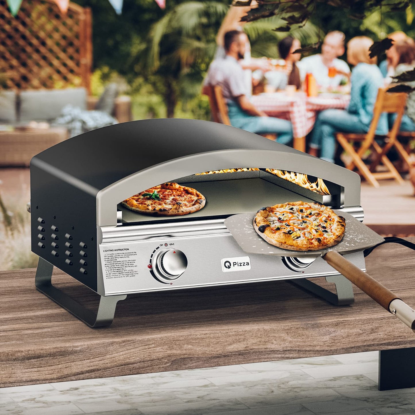 Outdoor 2-Burner Gas Pizza Oven, 25" Large Capacity Pizza Maker, Versatile Grill Stove with 19" Baking Stone for Steak Meat Seafood, OuPropane Grill Oven for Cooking
