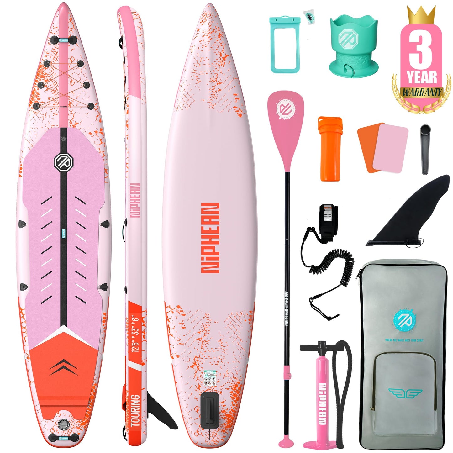 Niphean 12'6" Paddle Board, 550LB Capacity Touring Inflatable Paddle Board with Complete SUP Accessories& Kick Pad, Stable Stand up Paddle Board for Adults & Youth Racing Surfing (Beginner Friendly)