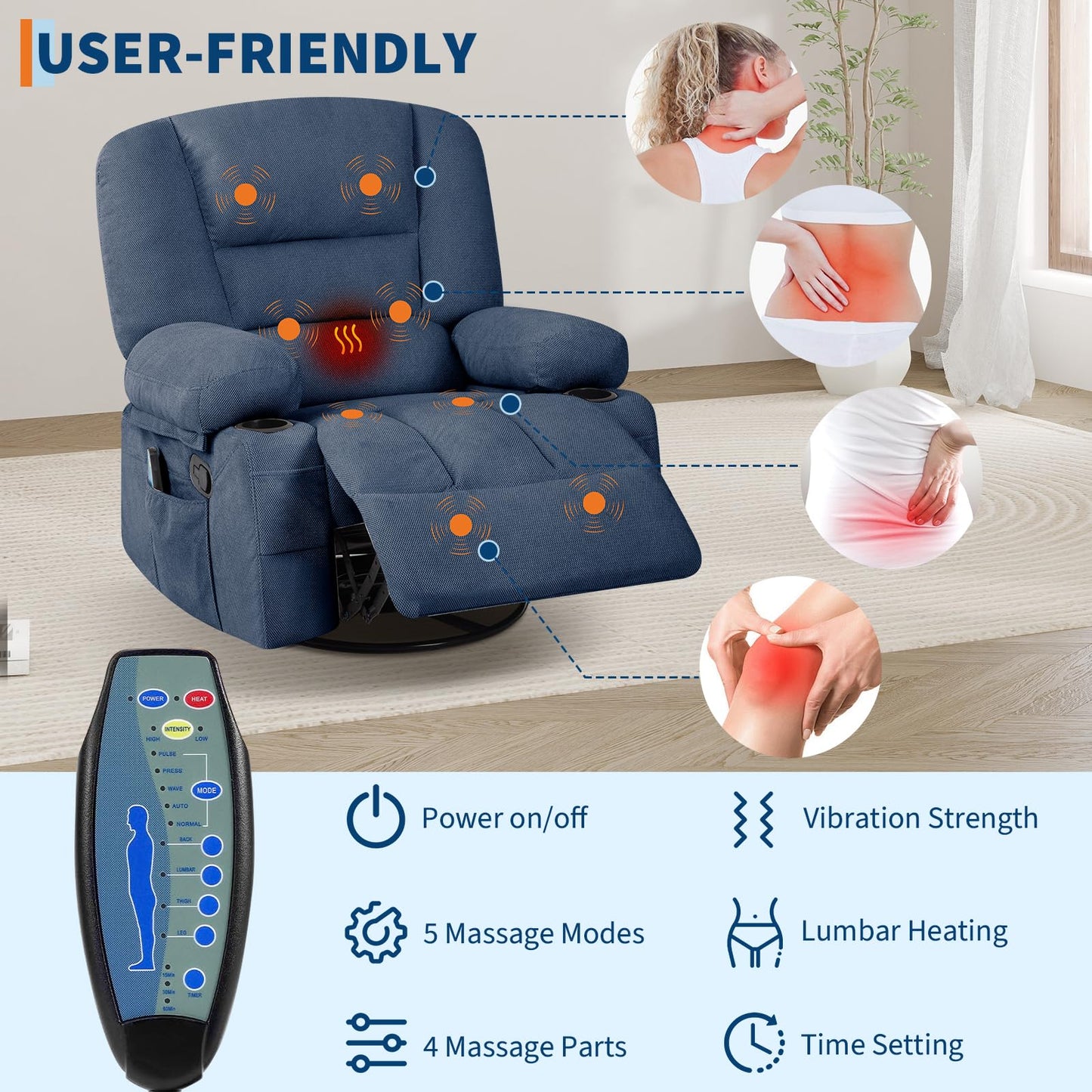 Garvee Rocker Recliner Chairs for Adults w/Vibration Massage and Heating,360° Swivel Rocker Glider Recliner,Extra Wide Manual Lazy Chair,Chenille Fabric Sofa Chair for Living Room,Bedroom,Blue