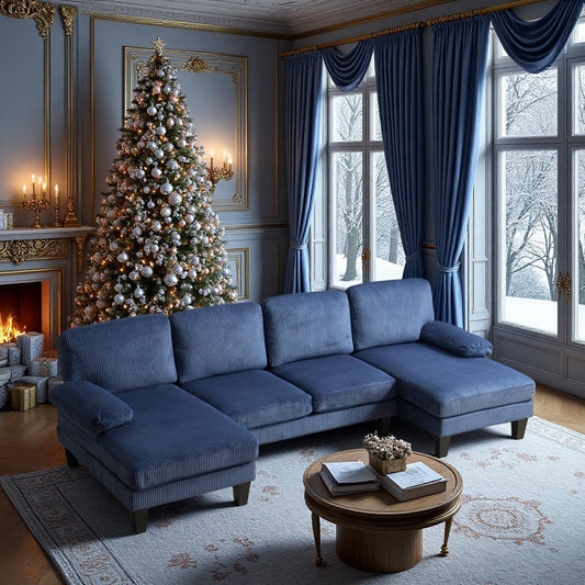 VINGLI 110" Sectional Couches for Living Room,U Shaped Couch with Double Chaise, 4-Seat Sofa Set with Corduroy Fabric for Home Furniture,Ocean Blue