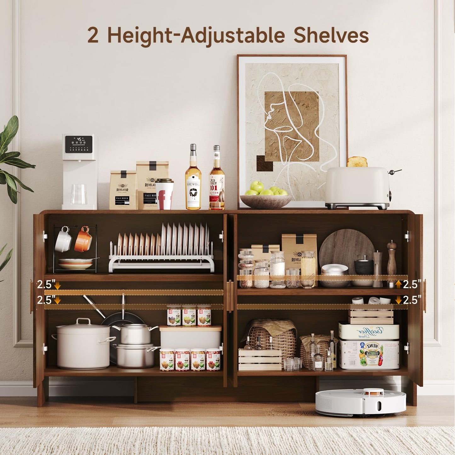 60" Sideboard Buffet Cabinet, Large Curved Design Storage Cabinet with 4 Doors & 2 Adjustable Shelves, Sturdy Build, Easy Assembly, Bar Console Fit for Dining Room/Living Room/Kitchen, Walnut