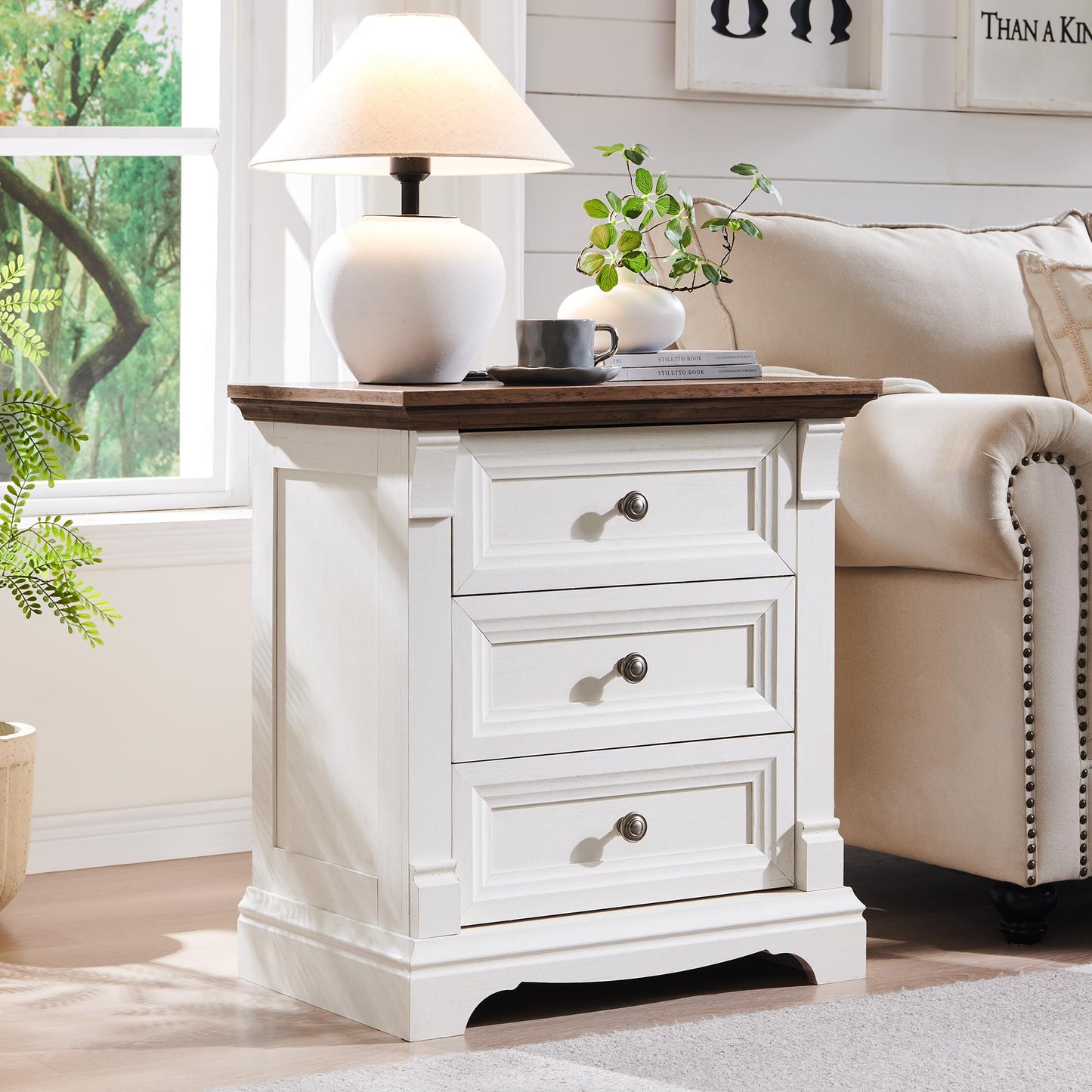 T4TREAM Farmhouse 26" Tall Nightstand with Charging Station, 23.6" End Table with 3 Drawers Storage, Wood Side Table w/Roman Column, Bedside Cabinet for Bedroom, Living Room, Antique White