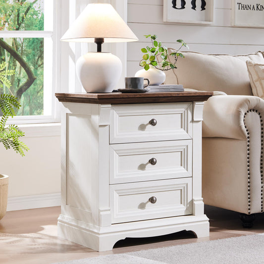 T4TREAM Farmhouse 26" Tall Nightstand with Charging Station, 23.6" End Table with 3 Drawers Storage, Wood Side Table w/Roman Column, Bedside Cabinet for Bedroom, Living Room, Antique White