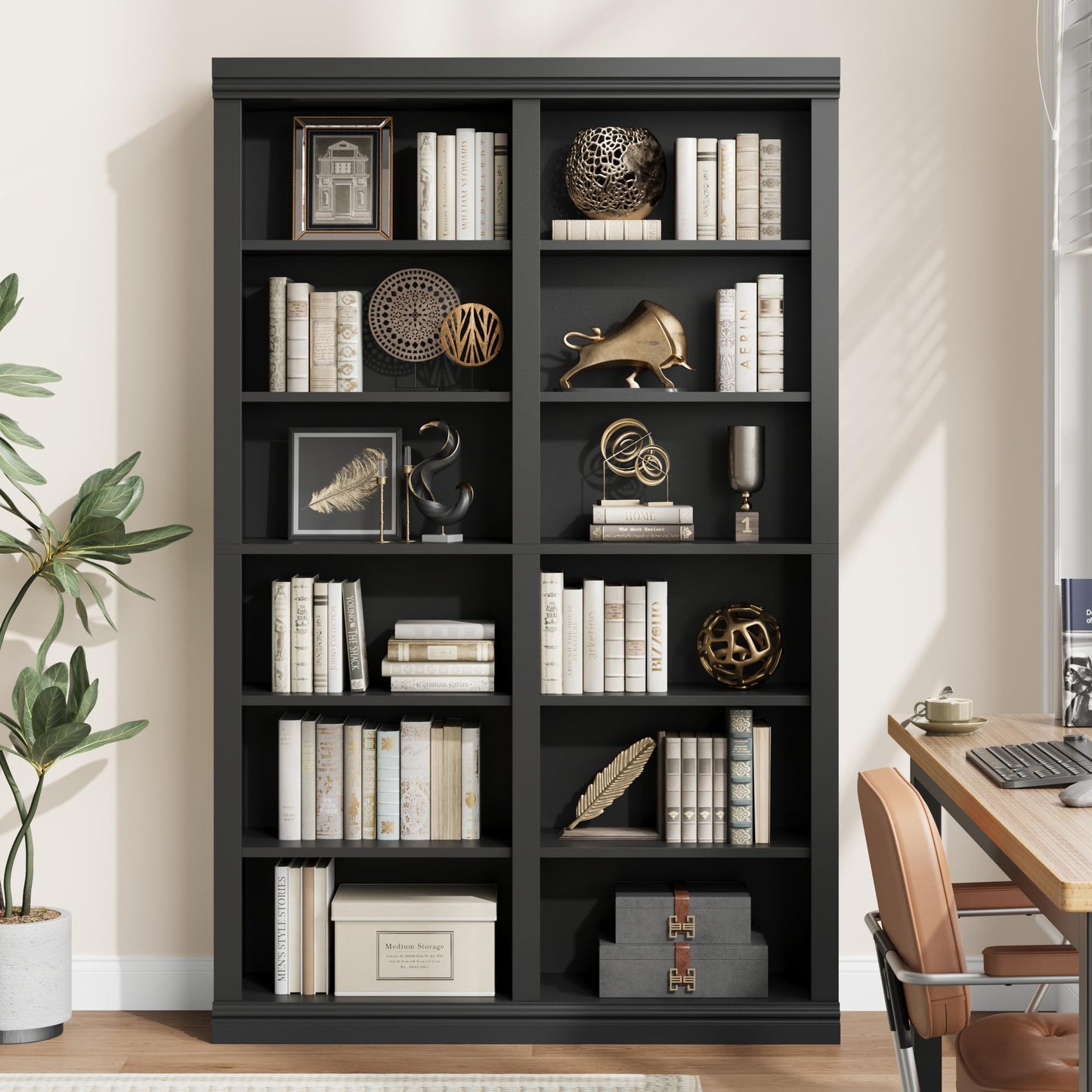 Garvee 74.5" Tall Bookshelf with Double Storage, 6-Tier Large Bookshelf, Double Wide Bookshelves w/ 12 Cubbies, Wide Freestanding Bookcases for Livingroom Office Library (Blcak, 74.5"H*46.1"W*12.4"D)