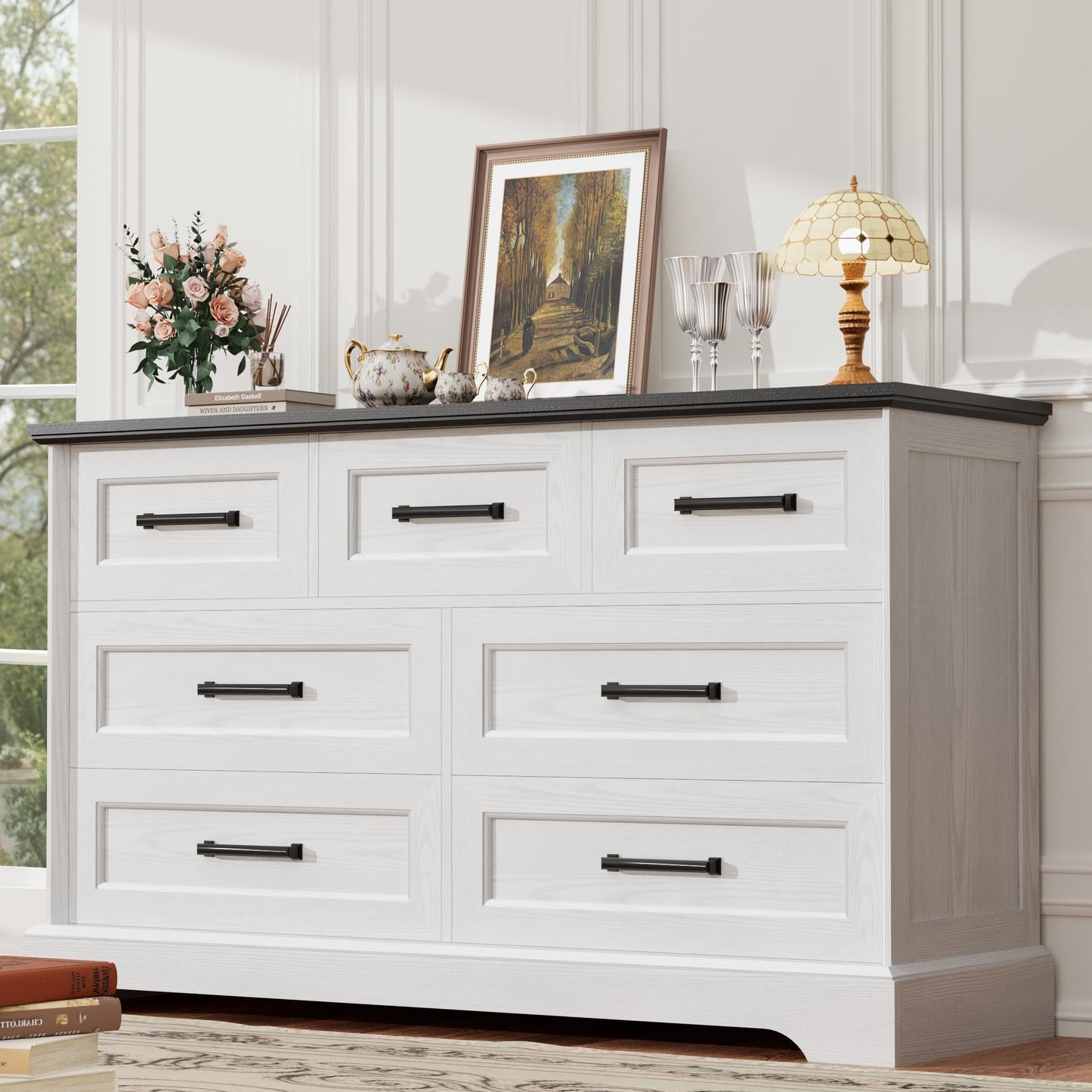 YESHOMY Dresser for Bedroom, Farmhouse 7 Drawers Dresser, Chest of Drawer Chest, Multi-Tier Clothing Storage Cabinet, White and Black