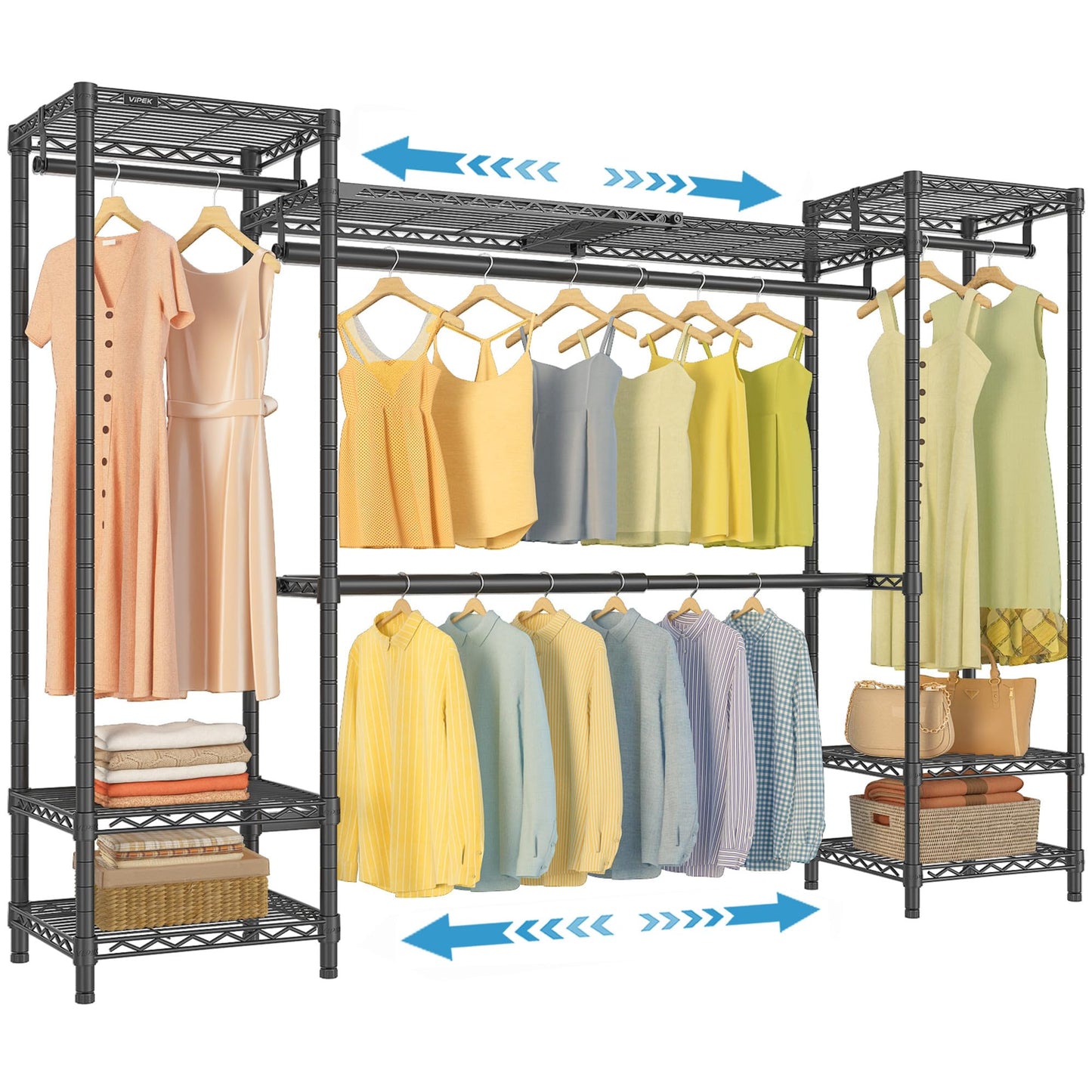 VIPEK X30 Expandable Clothes Rack Adjustable from 5' to 6'11", 950lbs Capacity Heavy Duty Portable Closet Wardrobe with 4 Hanger Rods & 7 Wire Shelves, Metal Closet System for Reach-in Closet, Black