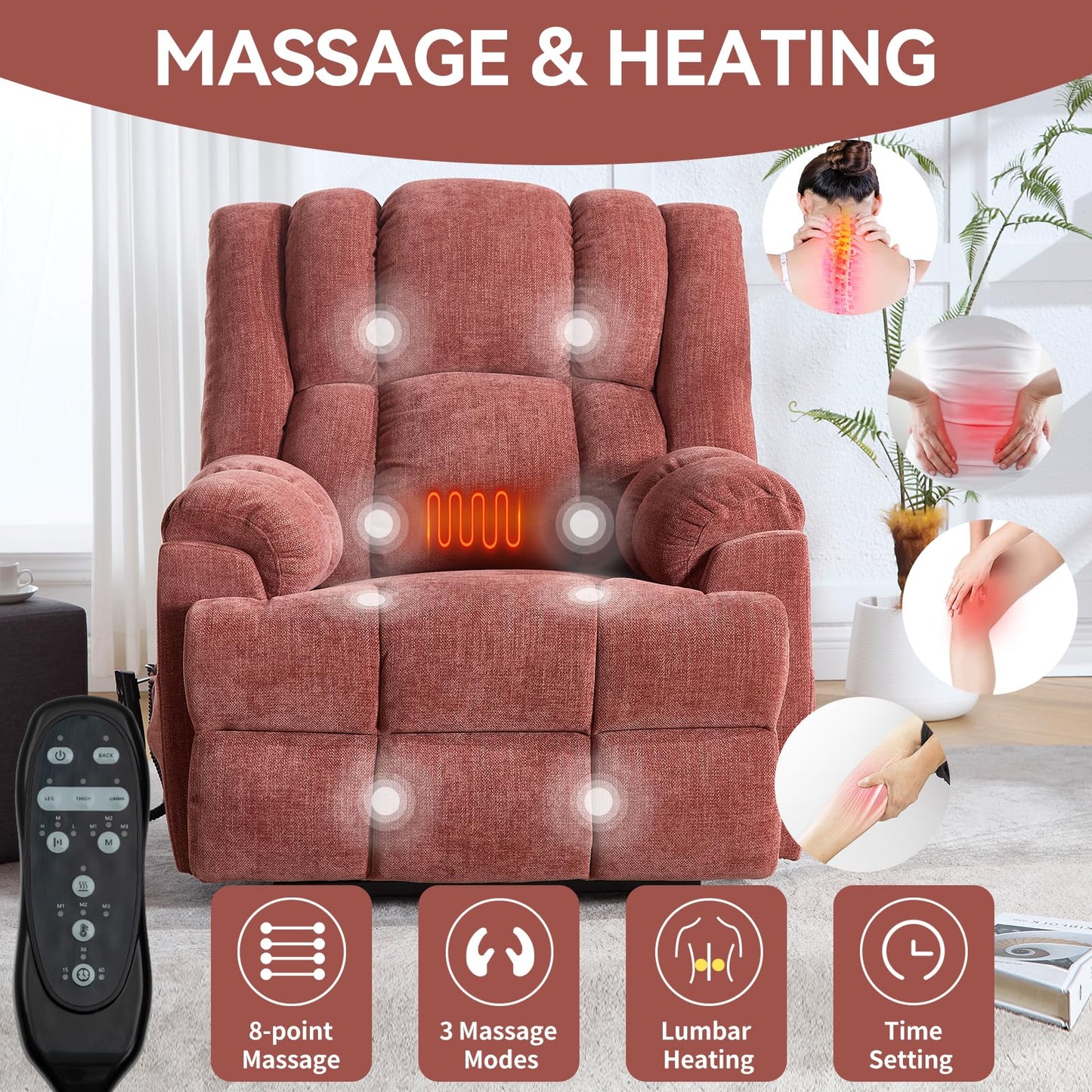 GDFStudio Dual Motor Power Lift Recliner Chair with Massage and Lumbar Heat, Heavy Duty Electric Reclining Chair with Remote Control, Supports Up to 350 LBS, Red
