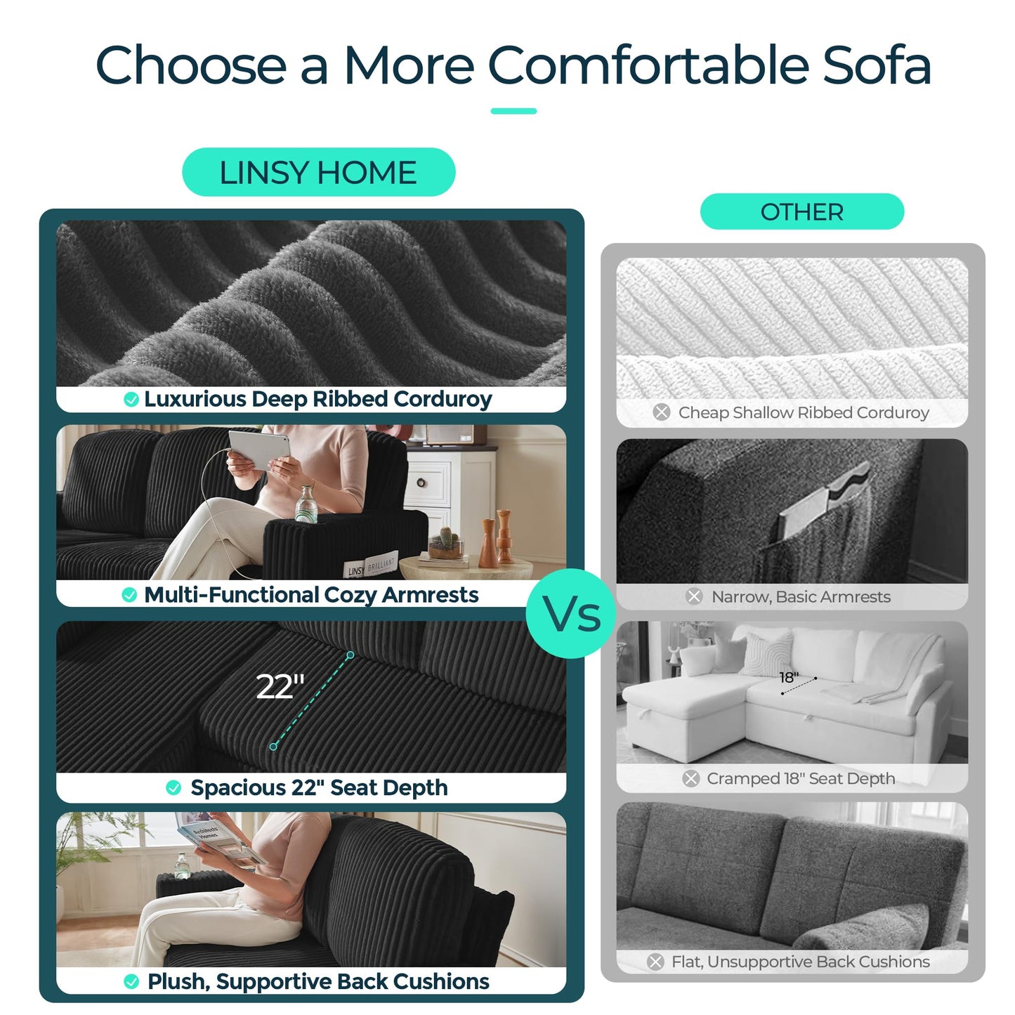 LINSY HOME Sectional Sleeper Sofa with Pull Out Couch Bed - Convertible Plush Corduroy Cloud Couch with Storage Chaise & USB Charging, Comfy L Shaped Modular Couches for Living Room Apartment, Black