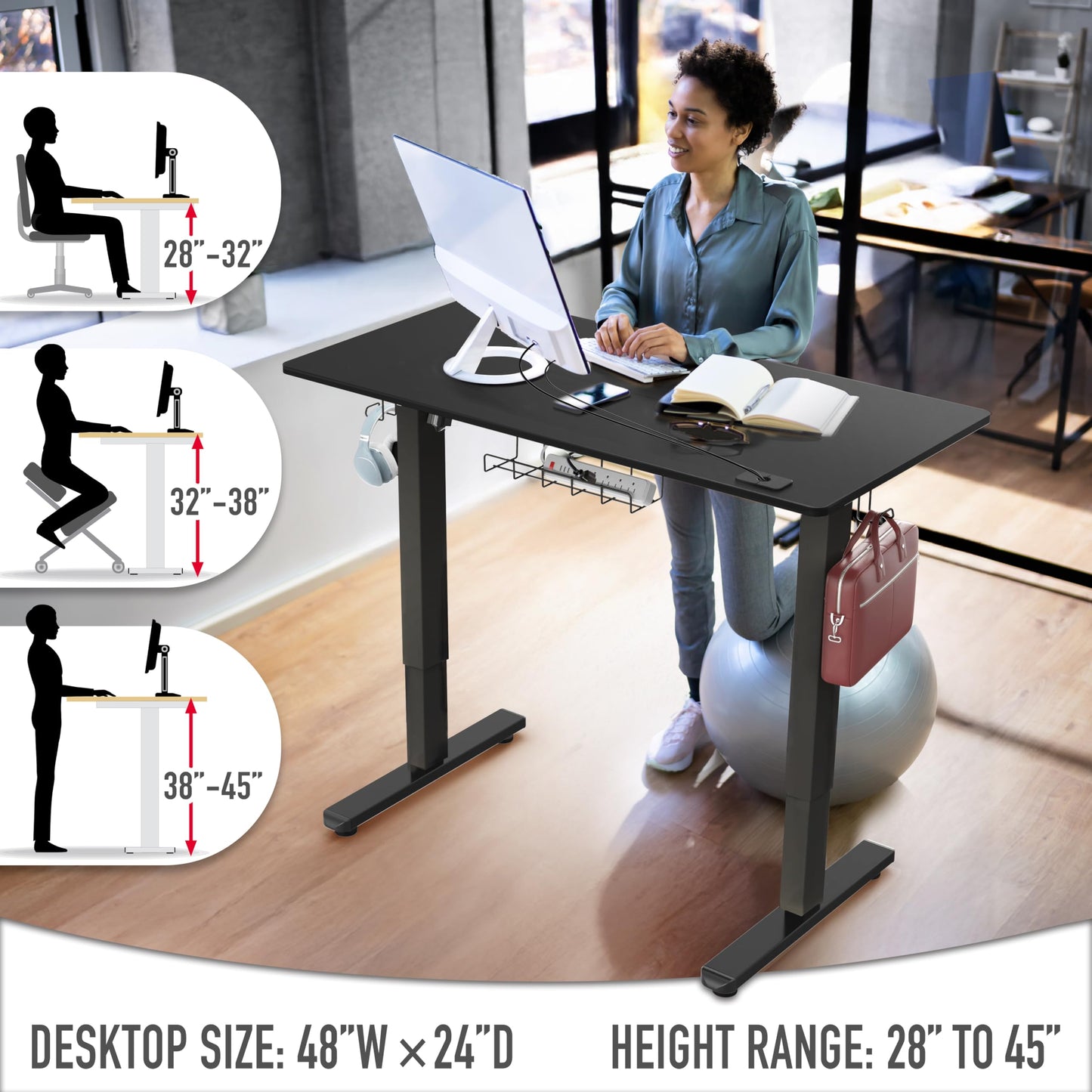SHW 48-Inch Electric Height Adjustable Standing Desk with Drawer, Memory Preset and Cable Management Tray, Black