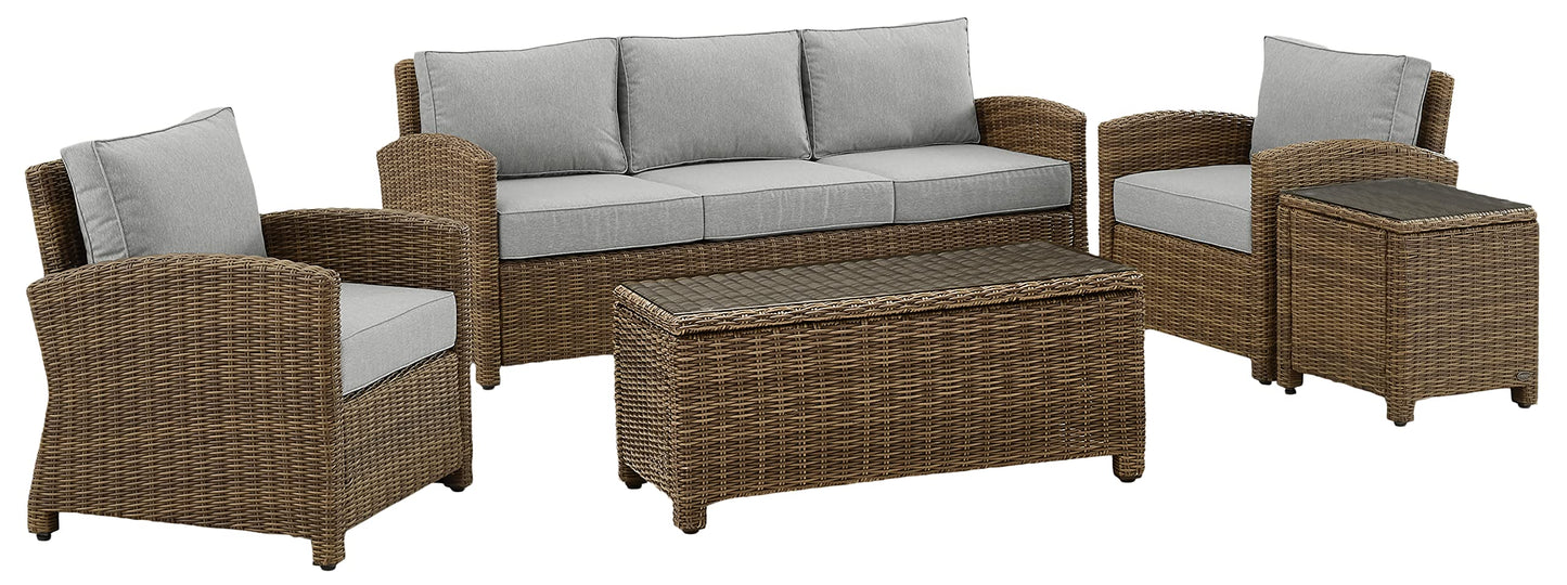 Crosley Furniture Bradenton 5-Piece Outdoor Sofa Patio Furniture Set, Wicker Conversation Sets for Porch, Brown with Gray Cushions