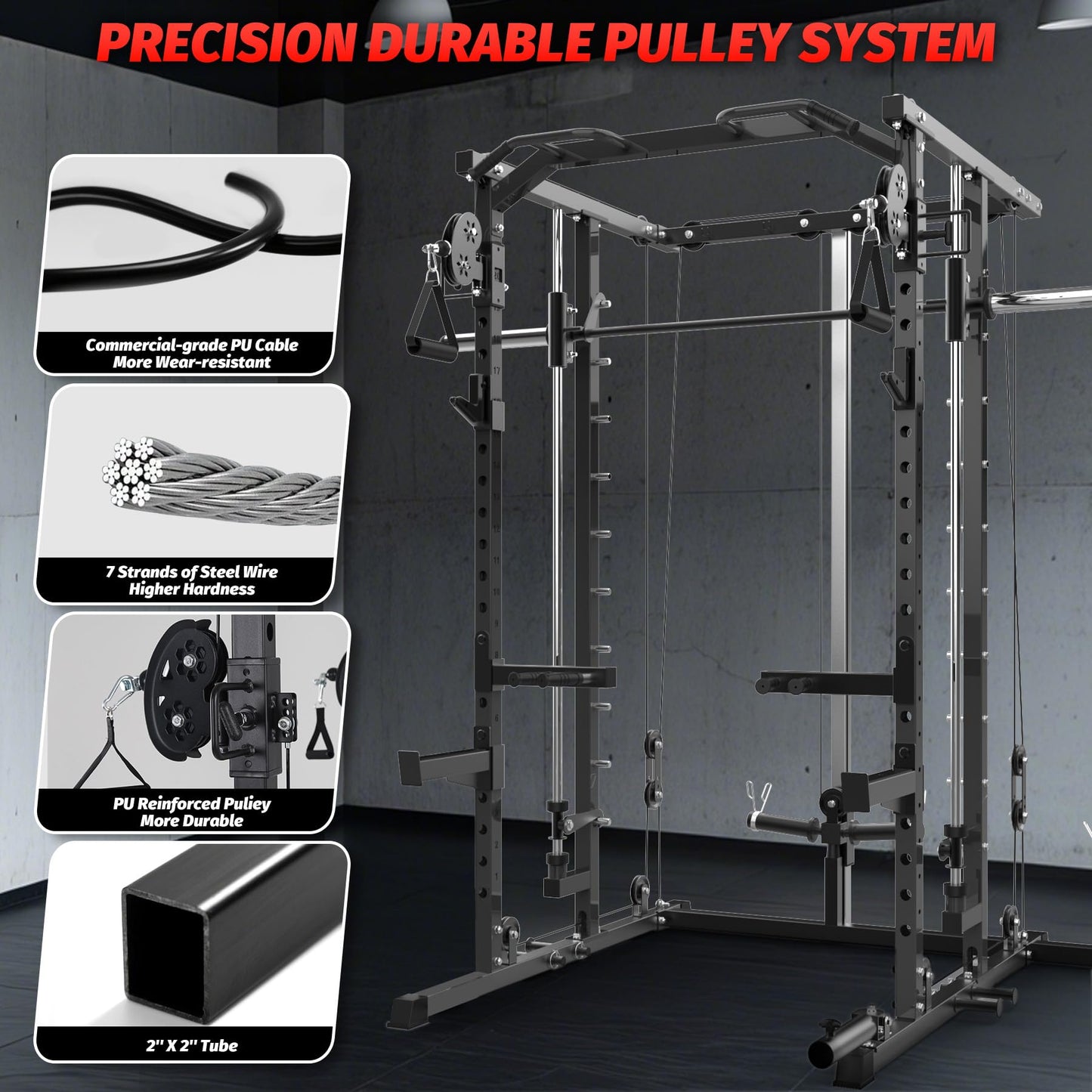 Garvee Power Cage, Smith Machine Squat Rack, Heavy Duty Power Rack for Home Gym with Pulley System, Dip Bar, LAT Pulldown, Multifunctional Squat Rack for Home Gym