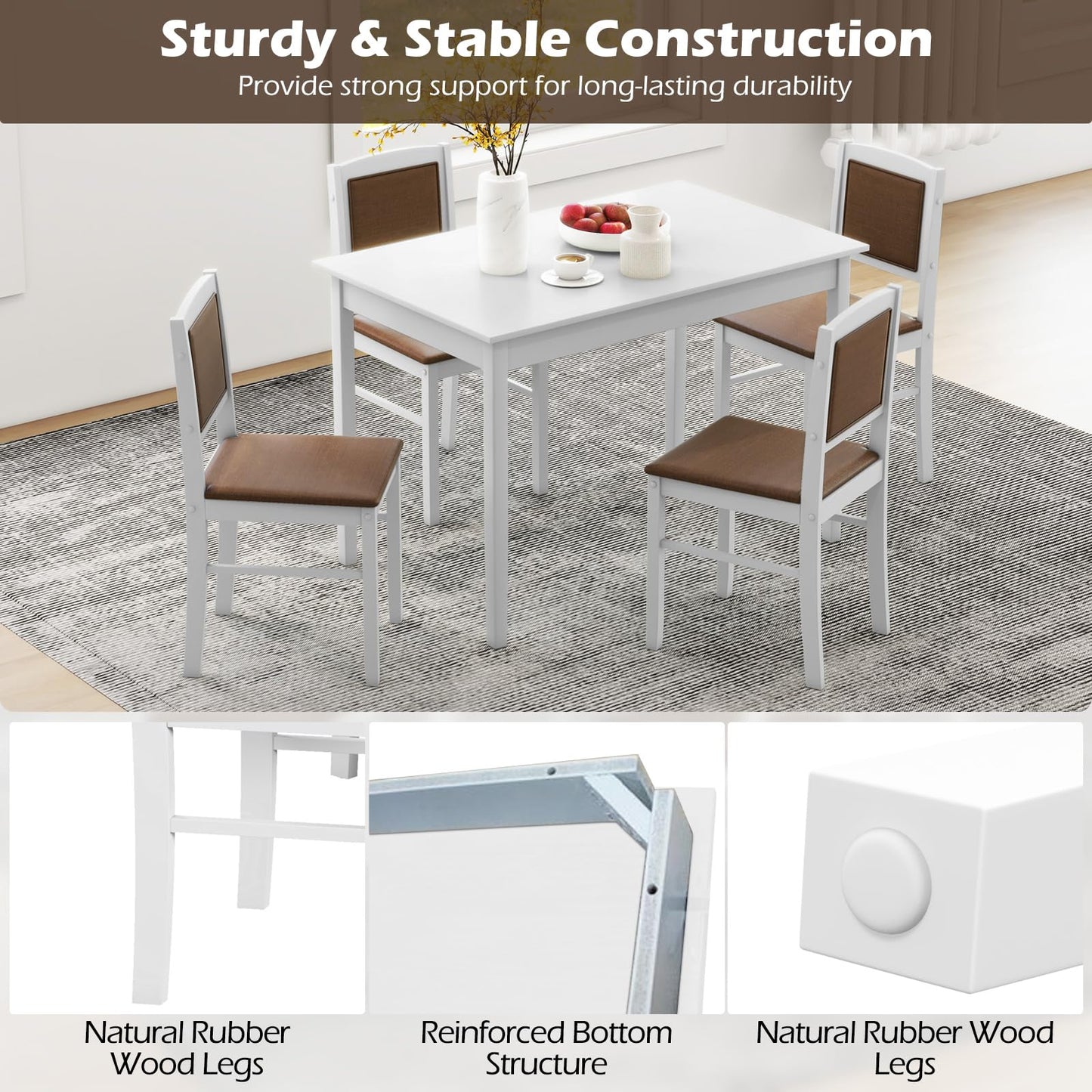 Tangkula Dining Table Set for 4, Farmhouse Solid Wood Dinette Set w/Rubber Wood Legs, Upholstered Seat & Padded Backrest, Mid-Century Modern Dining Table and Chairs Set for Kitchen, Dining Room