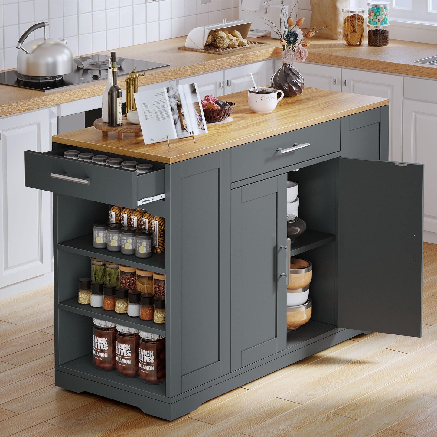 DWVO Large Kitchen Island with Trash Can Cabinet, 53 Inch Kitchen Island on Wheels, Rolling Island with Tilt-Out Garbage Storage Fits 13 Gallon Bin, Spice Rack and Drawer, for Dining Room, Gray
