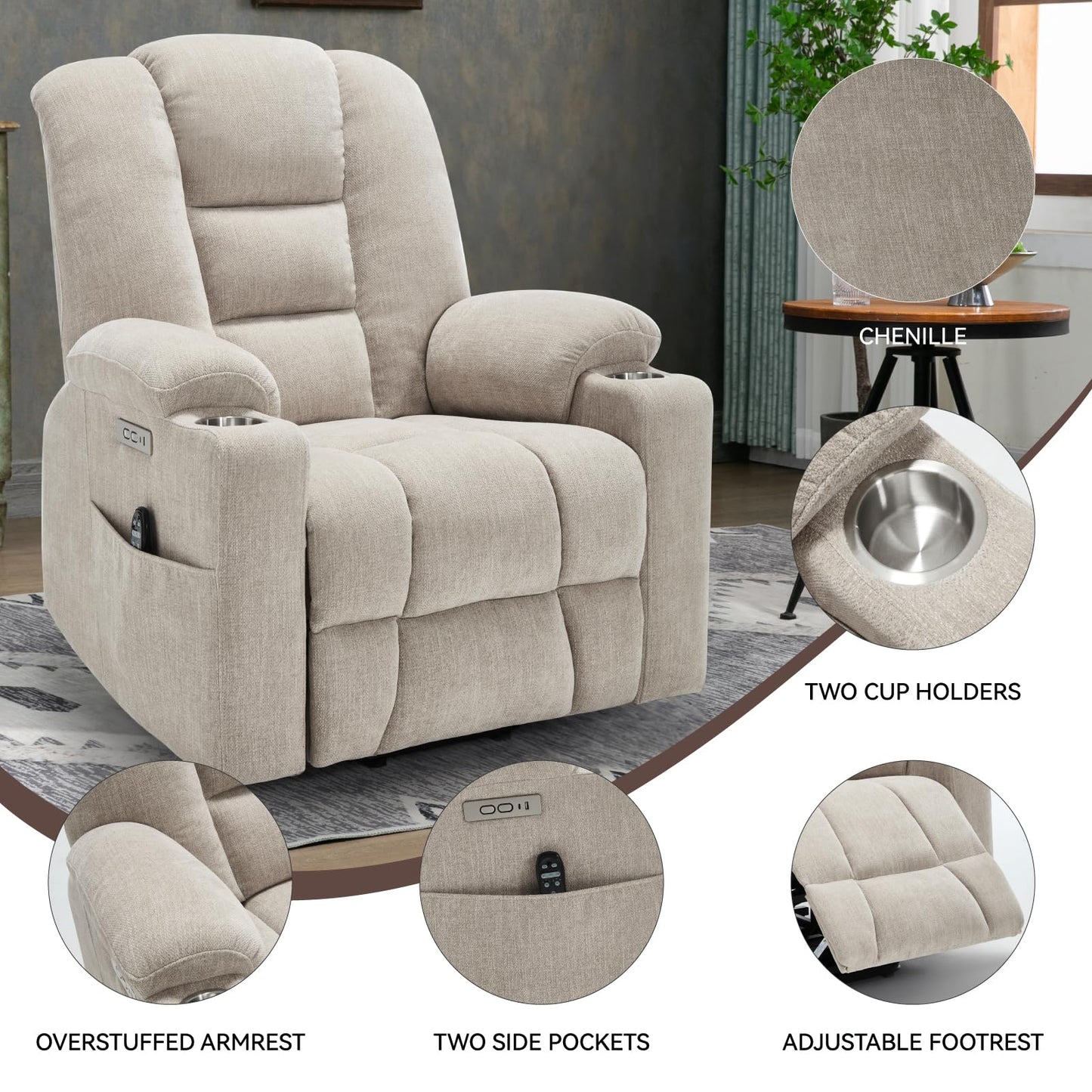 KEIKI Oversized Power Lift Recliner Chair with Heat & Massage, Reding Rocking Chair for Adults, High Seat Comfy Chenille Recliner with Side Pockets, USB Port, Cup Holders & Lumbar Support, Beige