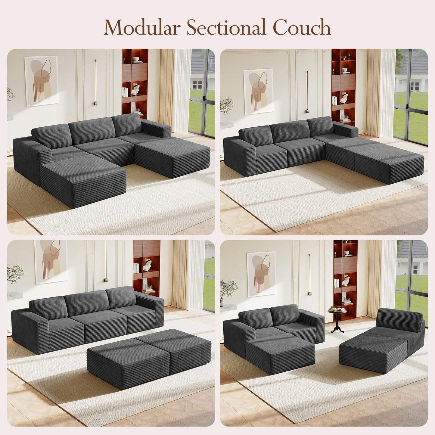 119" U-Shaped Modular Cloud Sofa, Corduroy Sectional Couch with Extra Deep Seats & Durable Spring Support, Convertible Boneless Sofa Set with Dual Ottomans, No Assembly, Grey