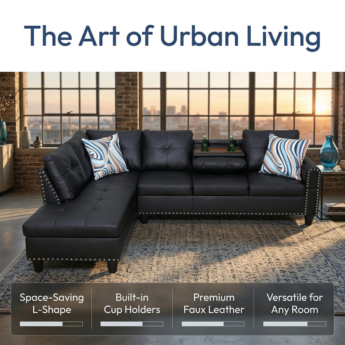 Trygoal L-Shaped Sectional Sofa, Modern 4-Seat Couch with Built-in Cup Holders, Leather Sectional Couch with Left Facing Chaise for Living Room, Apartment, Office, Black