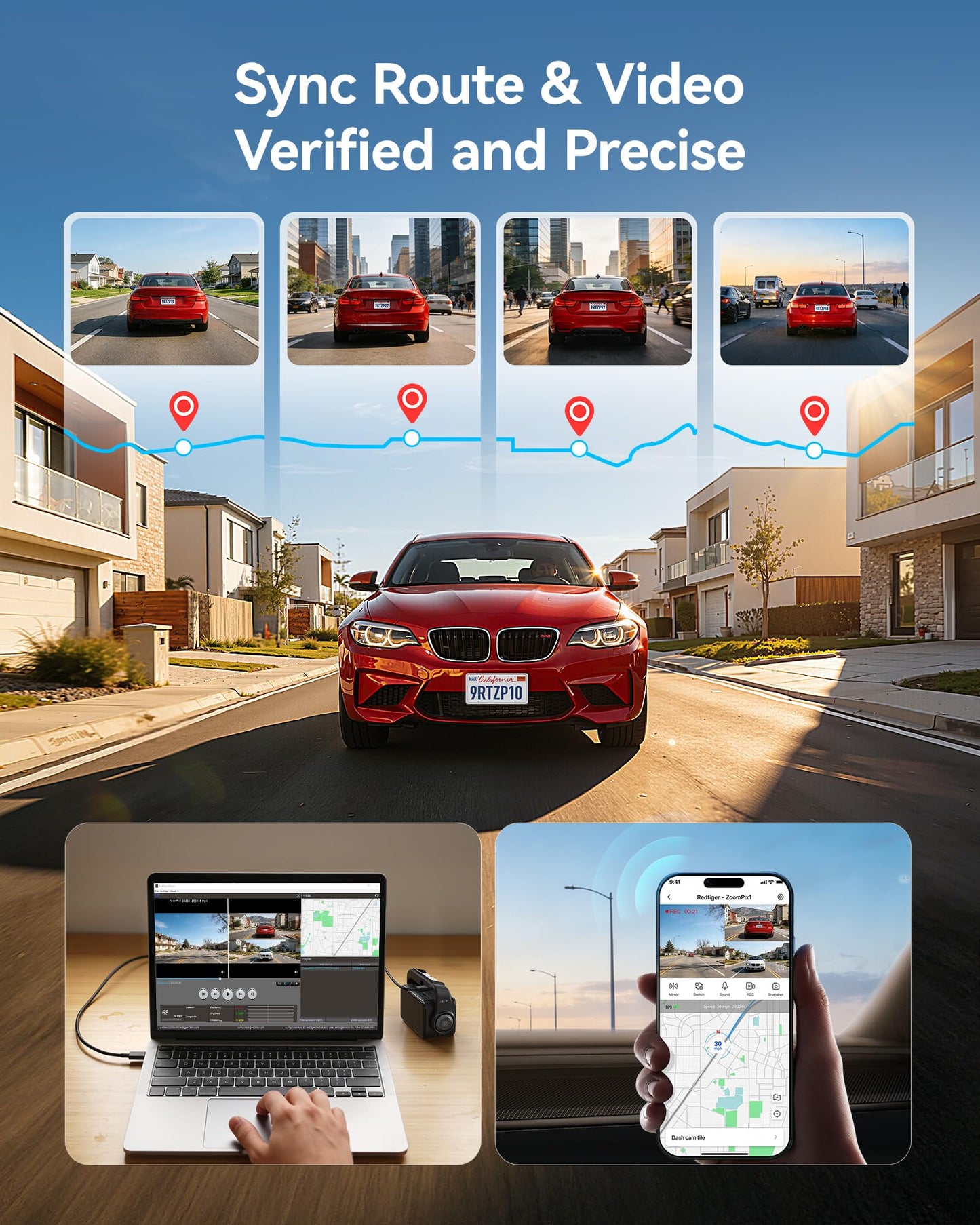 REDTIGER ZP1 Dash Cam Front and Rear, Telephoto+Wide Front Lenses for 100ft Plate Recognition, 4X Zoom, 2K+1080P Recording, Dual STARVIS 2, HDR Night Vision, 5.8GHz WiFi, Voice Control, Loop Recording