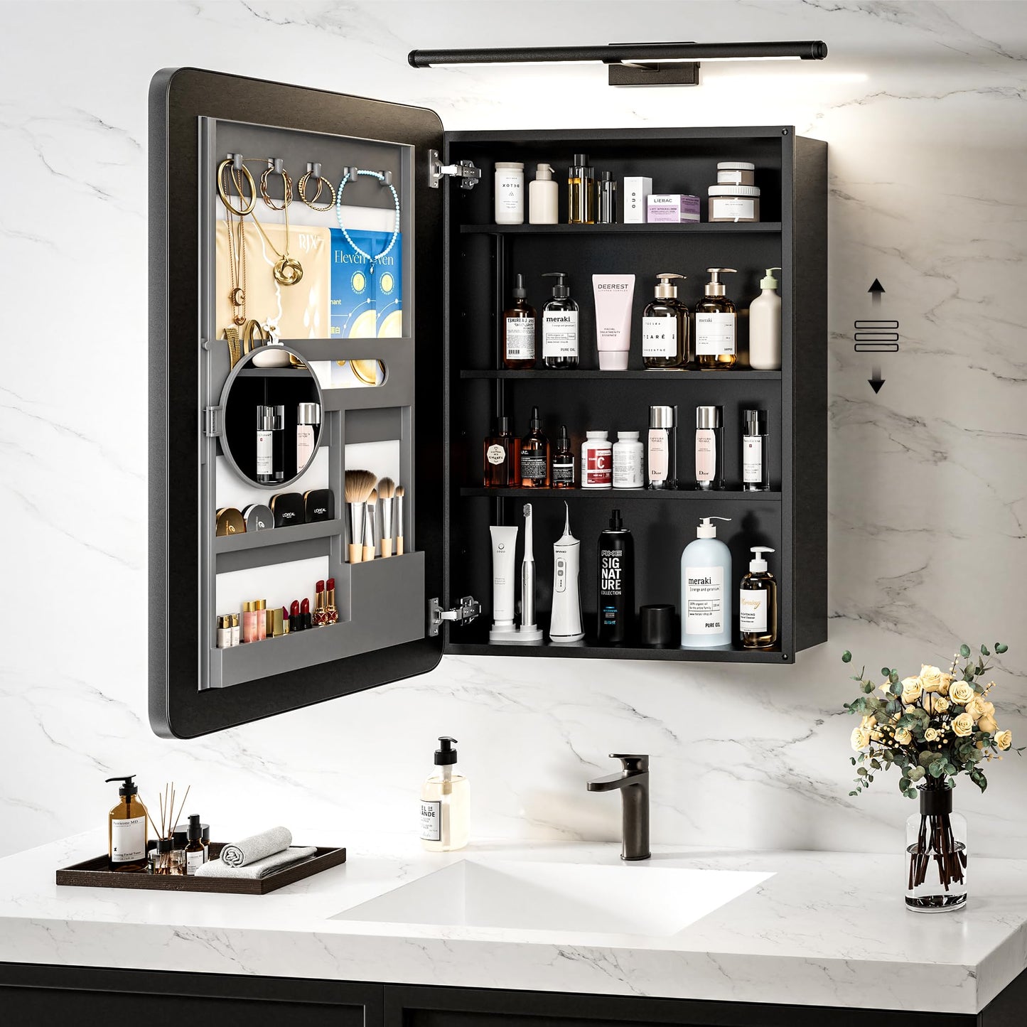 MemoCastle Medicine Cabinet with Mirror, 20x30 Inch Aluminum Bathroom Cabinet with Adjustable Shelves, Built-in Makeup Storage, Recessed or Surface Mount, Soft Close Hinges, Matte Black