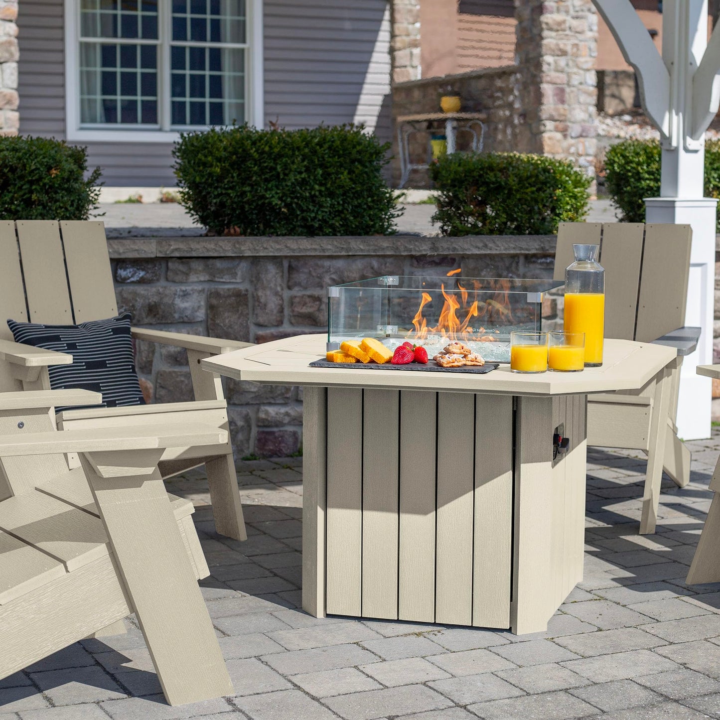 Oasis 5-Piece Conversation Set with Fire Pit Table, 4 Italica Modern Adirondack Chairs and 40” Fire Pit Table with Glass Wind Guard and Rain Cover, Whitewash