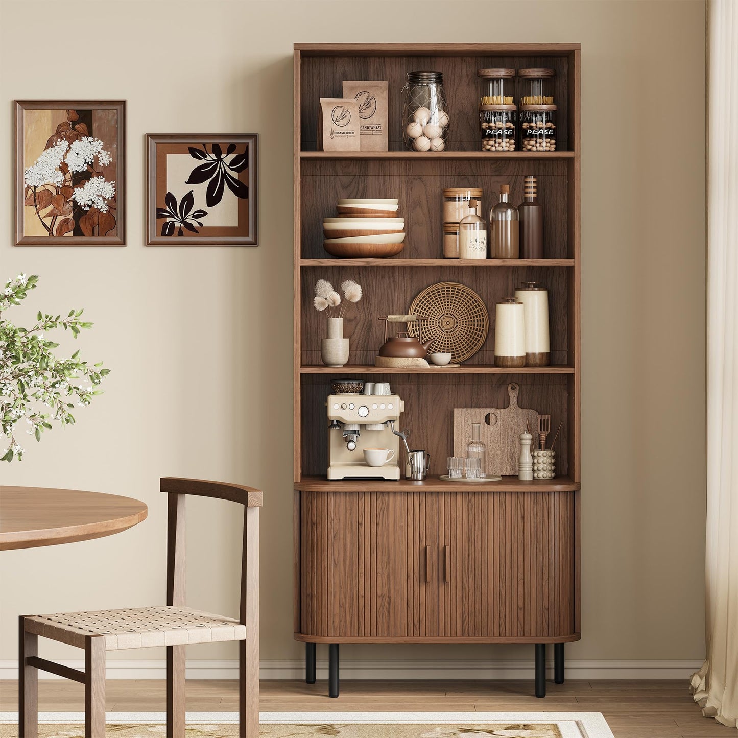 5-Tier Tall Bookshelf with Cabinet, 71" Fluted Bookcase with Sliding Door, Adjustable Display Shelf, Free Standing Cube Storage Organizer, Wood Shelving Unit for Living Room, Home Office, Walnut