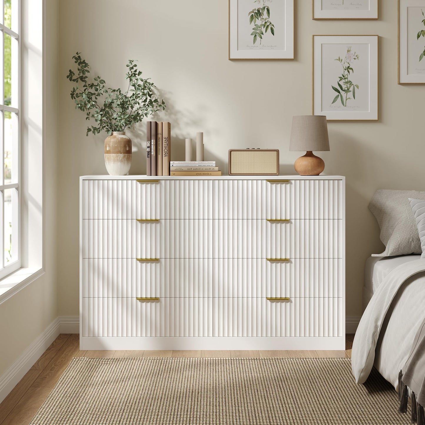 RESOM White 8 Drawer Dresser for Bedroom, 55" Wide Fluted Chest of Drawers with Gold Metal Handles, Modern Wooden Dresser, Closet Storage Organizer Mid Century TV Stand for Living Room Hallway