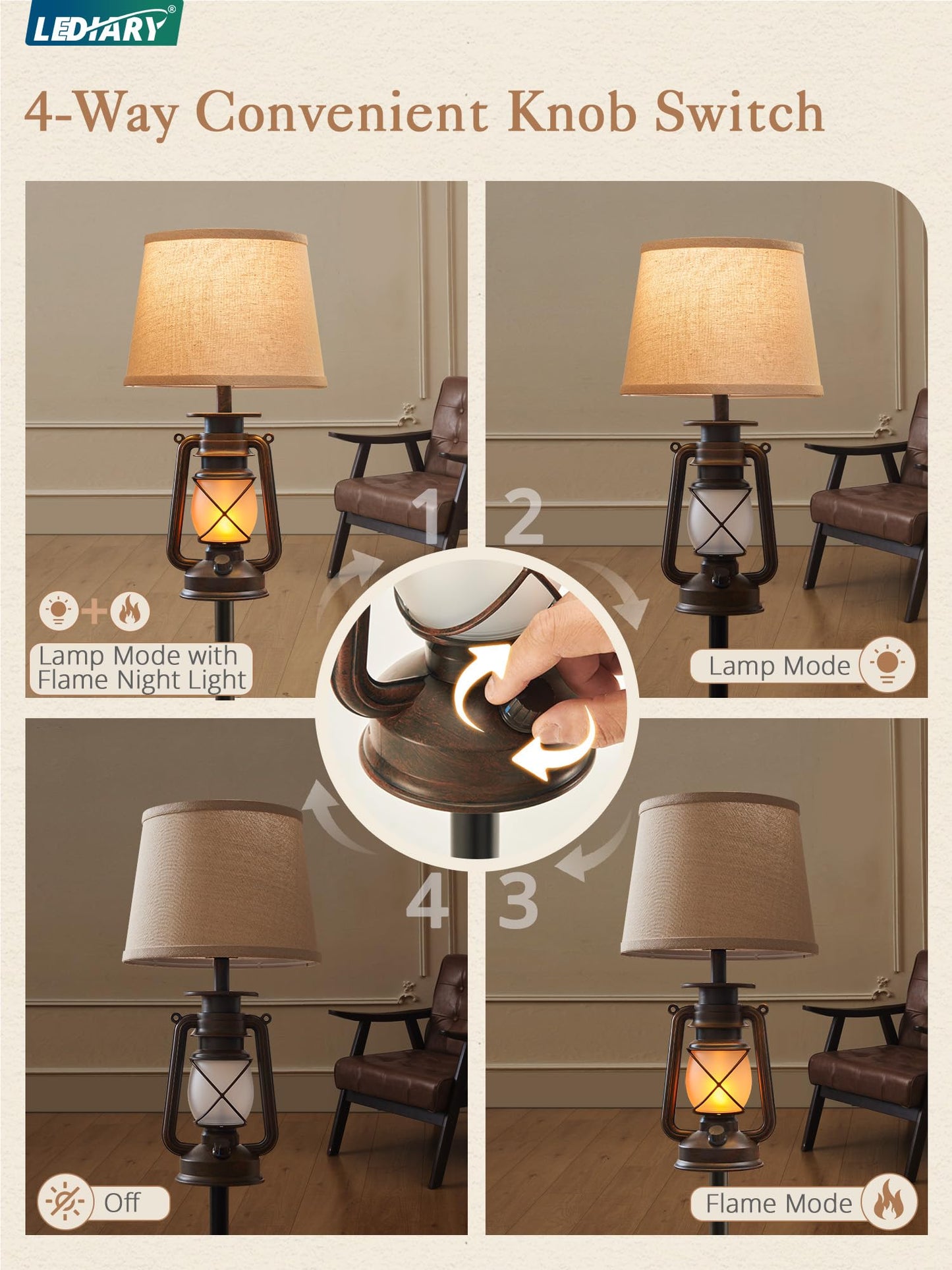LEDIARY LED Flashing Flame Night Lantern Floor Lamp, Beige Linen Shade, Rustic Design, Bronze Brown & Black, Model LDD