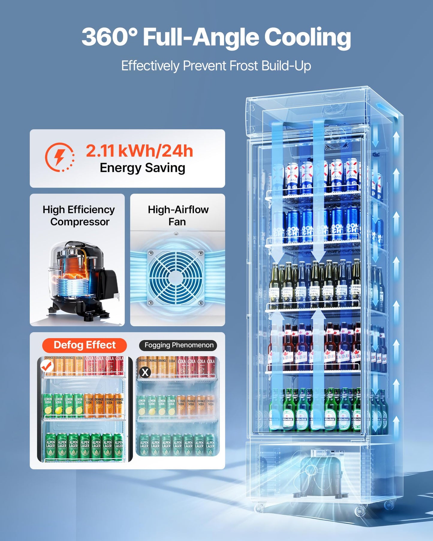 VEVOR Commercial Merchandiser Refrigerator, 12.7 Cu.Ft / 360 L Glass Door Display Refrigerator, Upright Beverage Cooler with Customizable Lightbox, 4 Adjustable Shelves & Soft LED Light for Home Shops