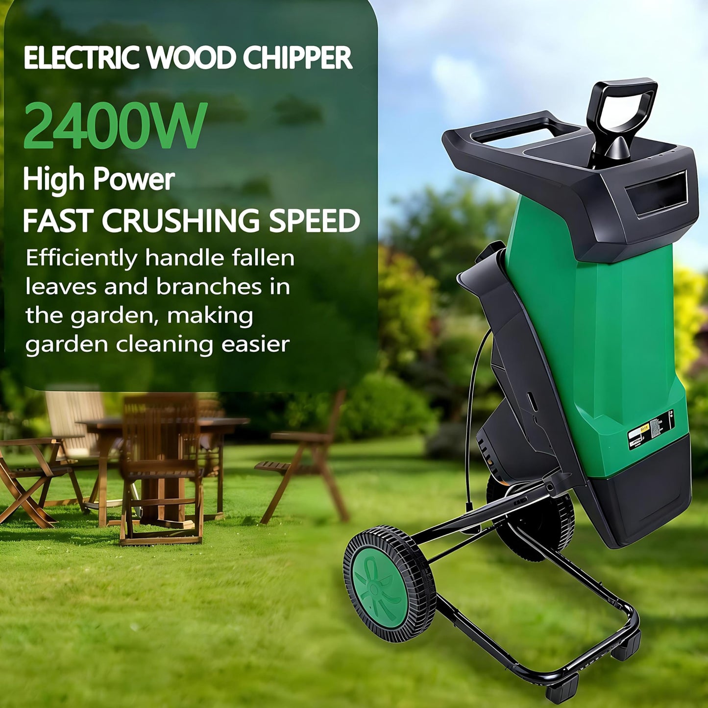 QIUNAOZI Garden Mulcher, 2400W Tree Branch Crushing Machine, Overload/Blockage Protection, 40mm Cutting Capacity, 4500rpm, Reinforced Rotary Double Blade, for Composting and Yard Waste