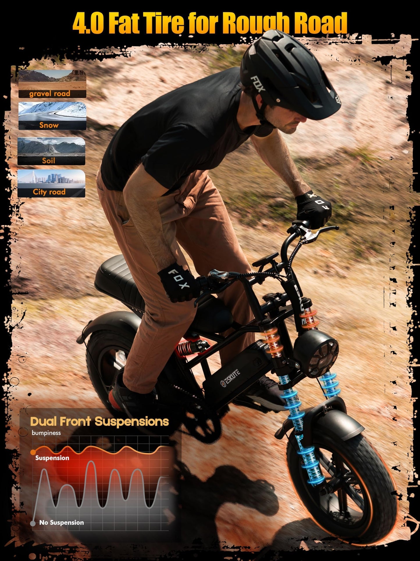 ESKUTE V100 Electric Bike for Adults, Electric Dirt Bike 1500W Peak Motor, All Terrain Dual Suspension E Bike 20+MPH Speed, Ebike Up to 60 Miles Range, 16" Fat Tire, 48V13Ah Battery, 7-Speed,Black