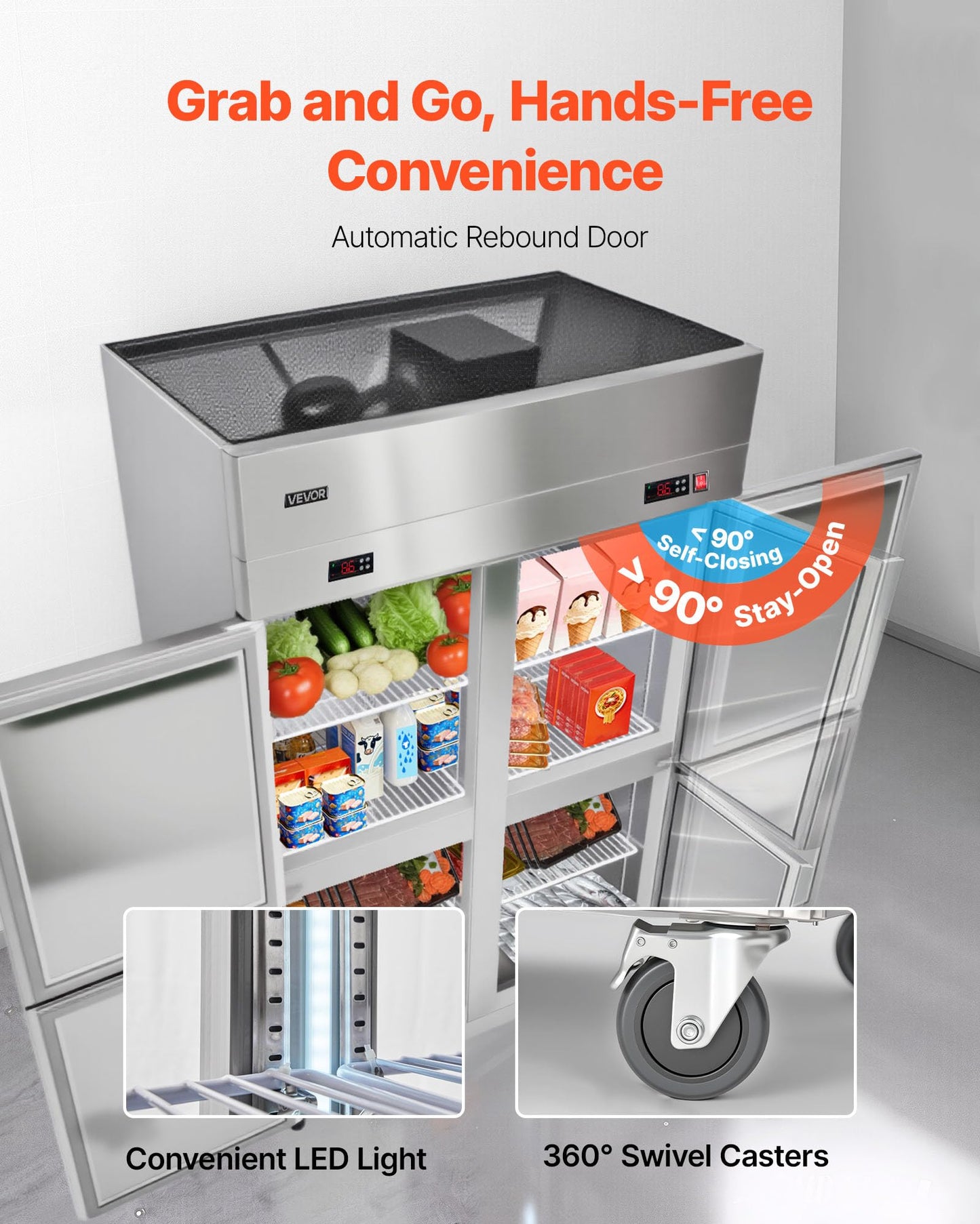 VEVOR Commercial Refrigerator and Freezer Combo 48" W, 31 Cu.Ft Stainless Steel Upright Freezer/Refrigerator with 4 Doors, Auto-Defrost, 6 Adjustable Shelves, UL Certified