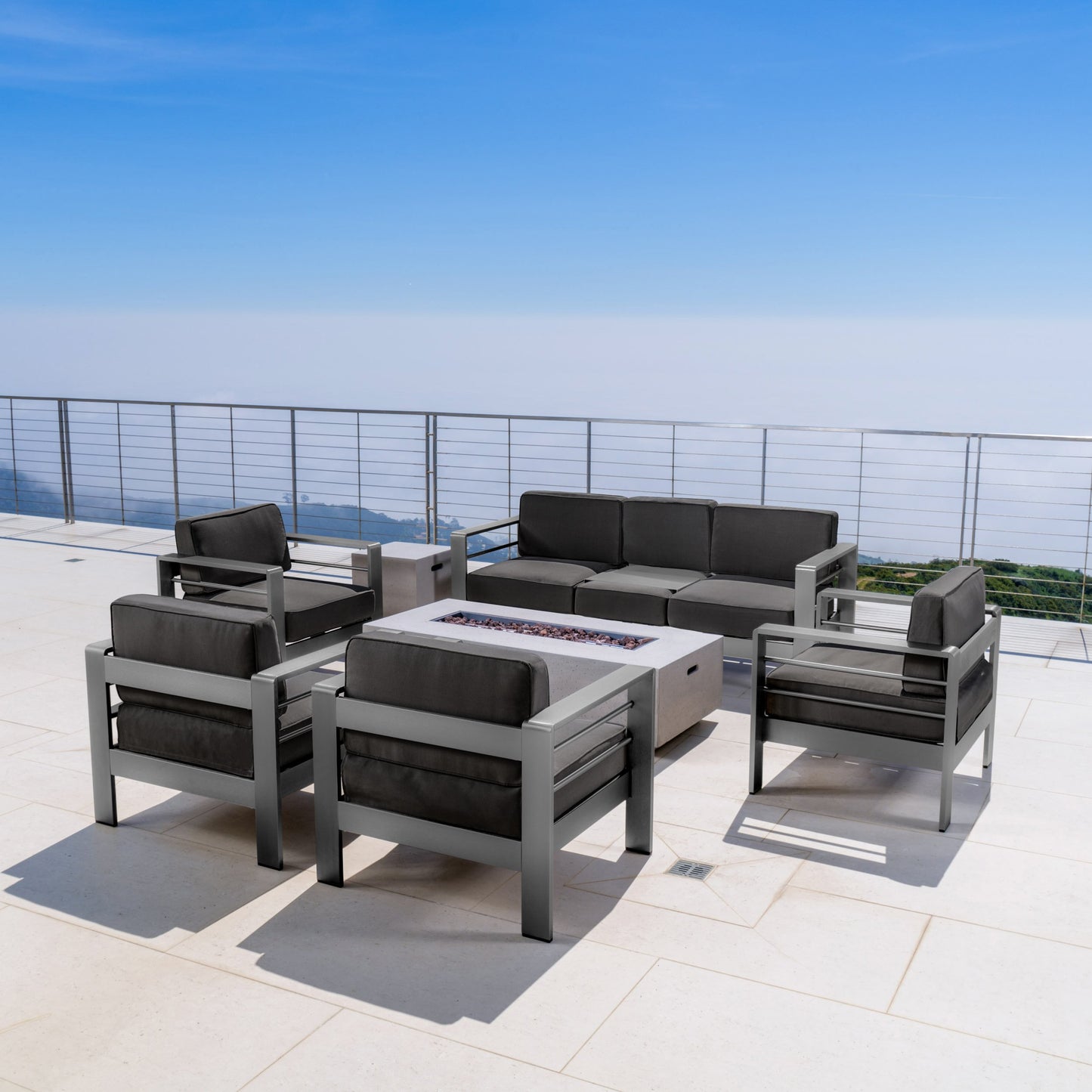 Christopher Knight Home Cape Coral Outdoor Aluminum Sofa Chat Set with Water Resistant Cushions and Rectangular Fire Table, 7-Pcs Set, Grey / Dark Grey / Light Grey