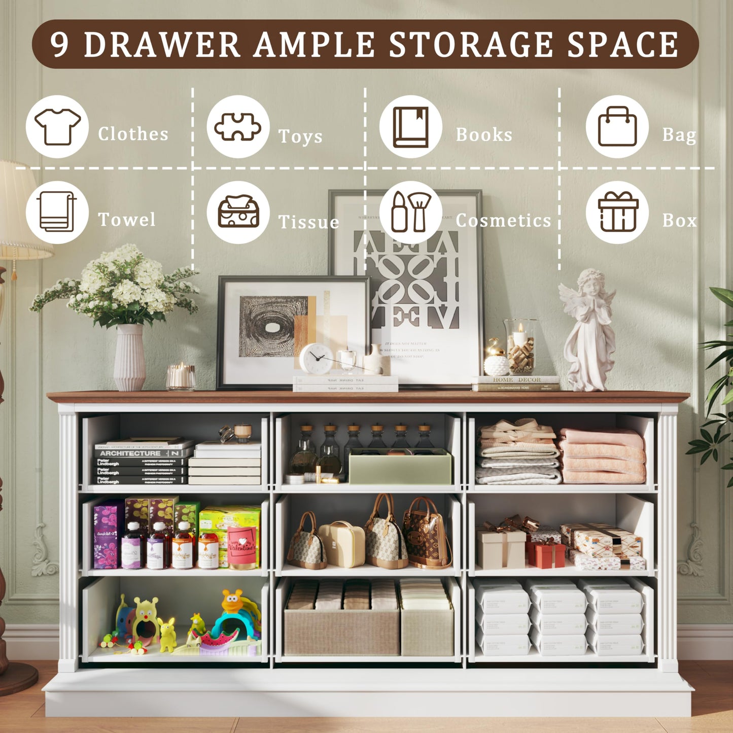 HUAHUU Farmhouse 9 Drawer Dresser for Bedroom, 60" Wide Chest of Drawers with Roman Column, Wooden TV Stand with Antique Bronze Circle Handles, Storage Organizer for Living Room, Hallway, White