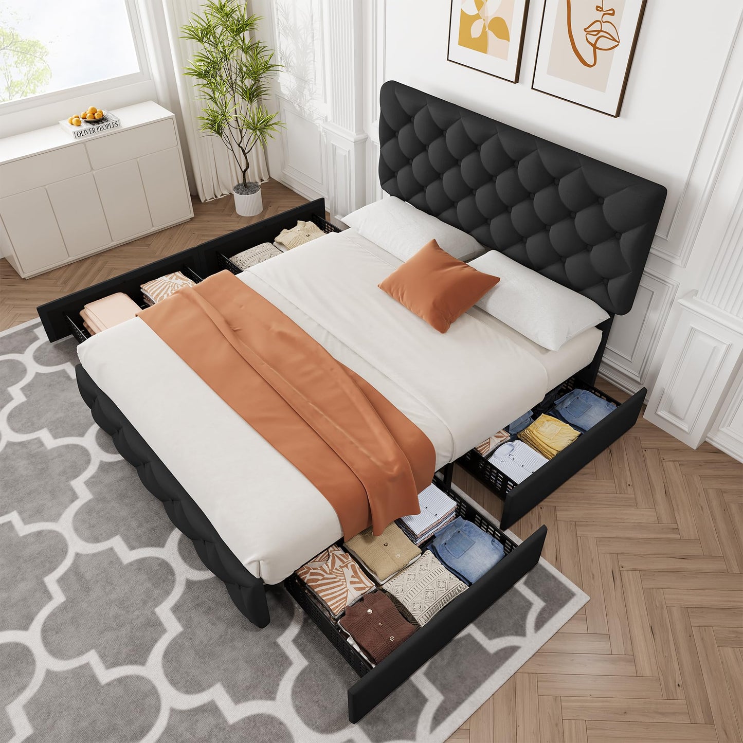 IDEALHOUSE Full Size Bed Frame with 4 Storage Drawers and Adjustable Headboard, Linen Upholstered Platform Beds, Diamond Stitched Button Tufted, No Box Spring Needed, Black