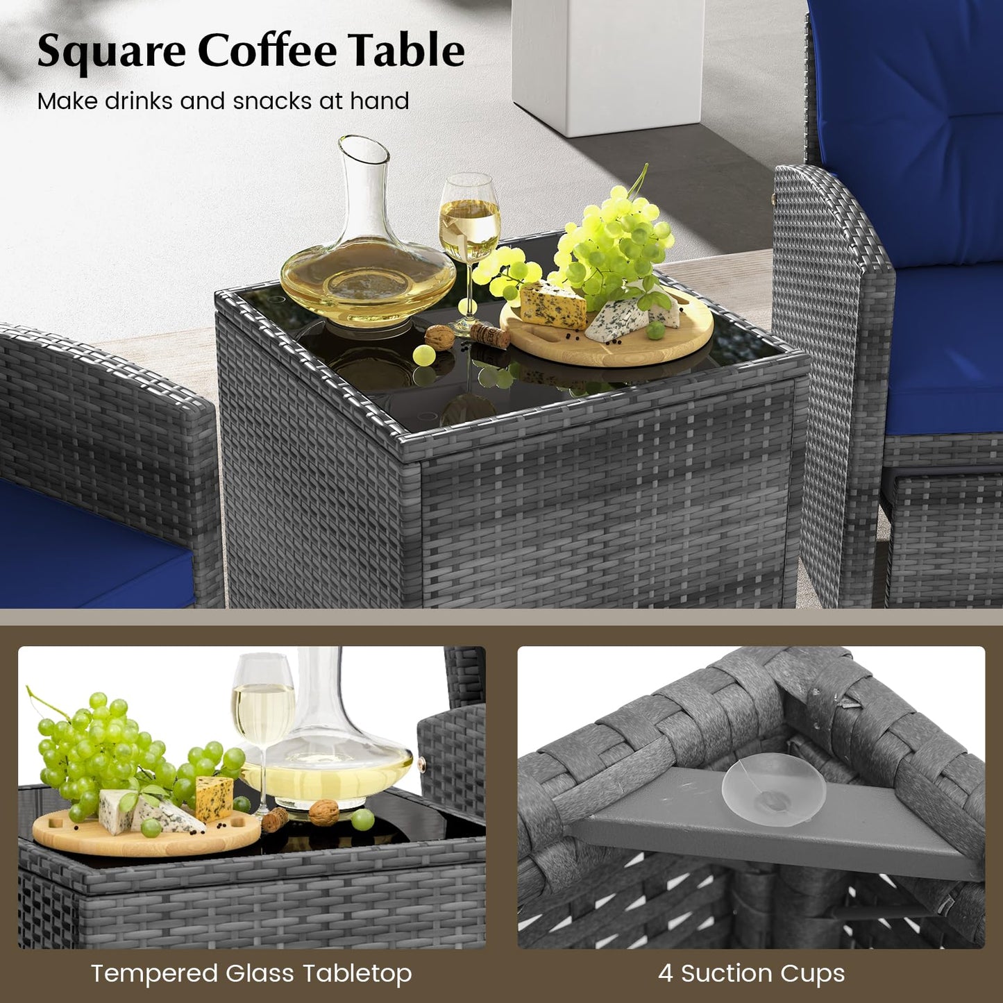 COSTWAY 5-Piece Rattan Conversation Set, Outdoor Wicker Sofa, Tempered Glass Coffee Table & Ottomans for Small Space, Boho Chic Indoor/Outdoor Furniture Set for Poolside, Backyard, Deck (Navy)