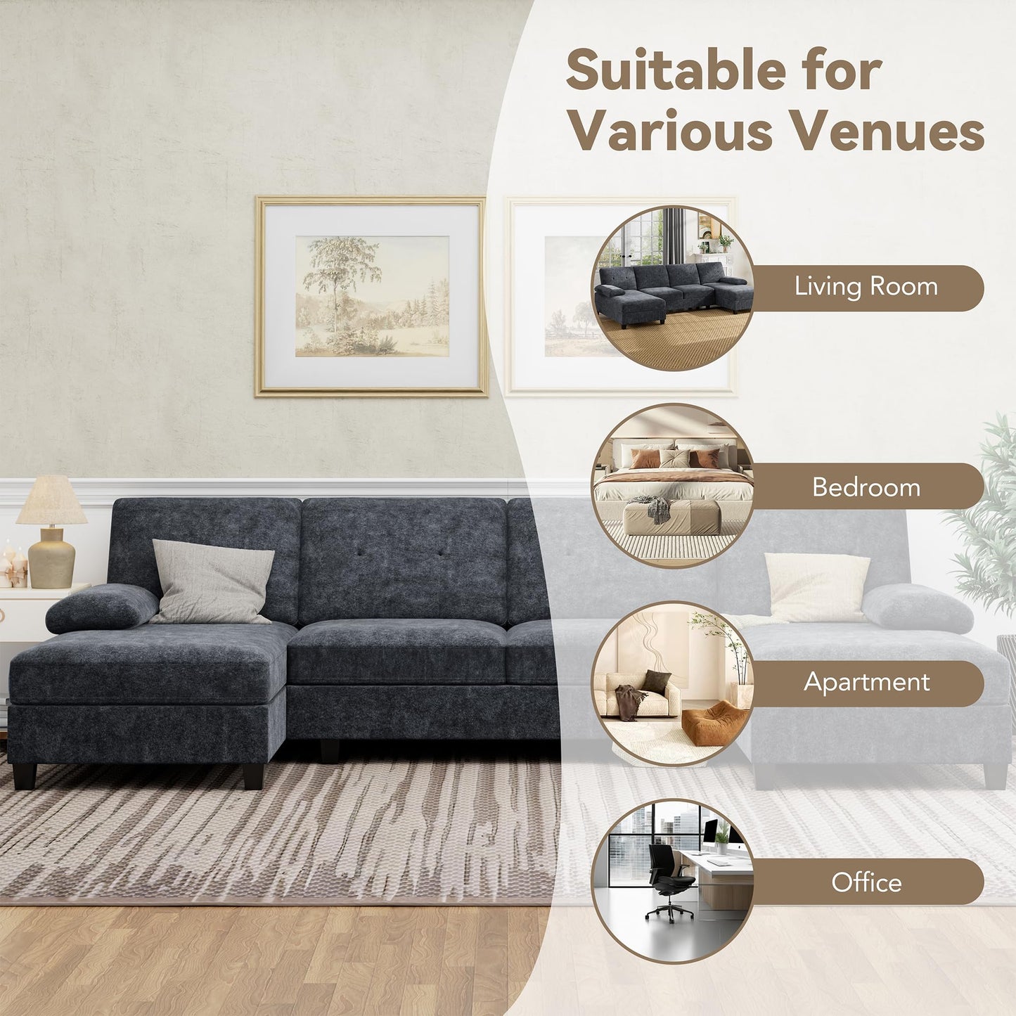 U-Shaped Sectional Sofa with Double Chaise,Linen Fabric 4-Seat Modern Couch, Removable Pillows for Apartment Living Room, Black