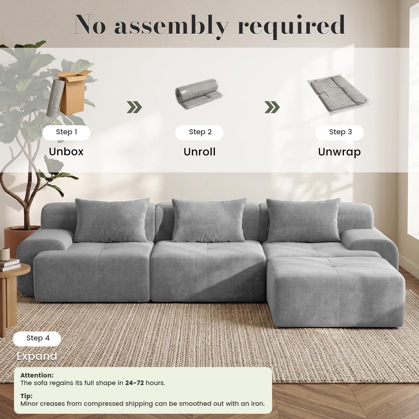 GRUSIGN 108'' Modular Sectional Boneless Couch, Tufted Cloud Sectional Couches for Living Room, L Shape Deep Seat Sofa with Ottoman & 3 Throw Pillows,Corduroy Oversized Couch,Light Grey