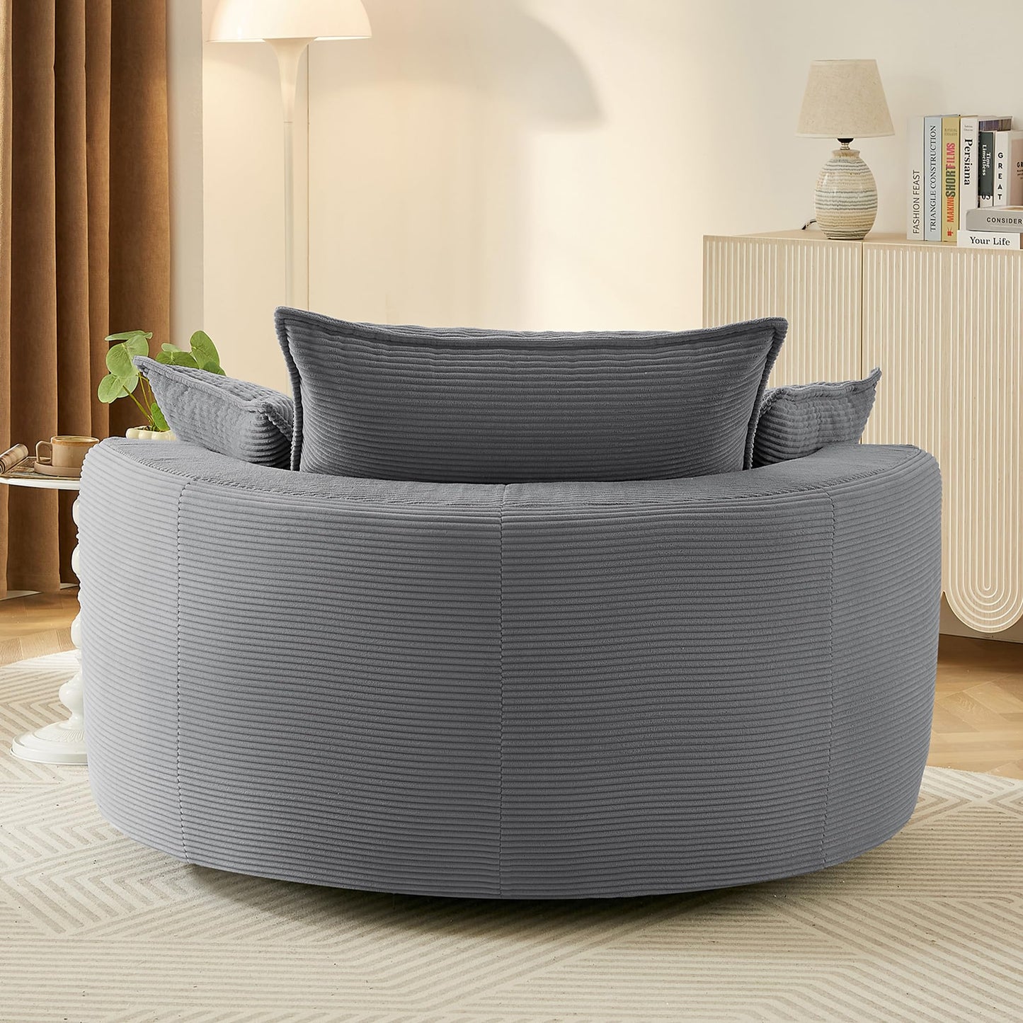 Merax 360° Swivel Sofa Chair, 57.5" Swivel Accent Barrel Chair with Dual-Layer Cushion Design, Modern Corduroy Leisure Sofa Round Chaise Lounge with 3 Removable Pillows for Living Room, Bedroom