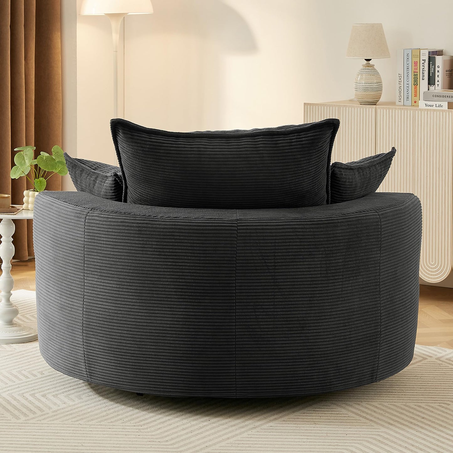 Merax 360° Swivel Sofa Chair, 57.5" Swivel Accent Barrel Chair with Dual-Layer Cushion Design, Modern Corduroy Leisure Sofa Round Chaise Lounge with 3 Removable Pillows for Living Room, Bedroom