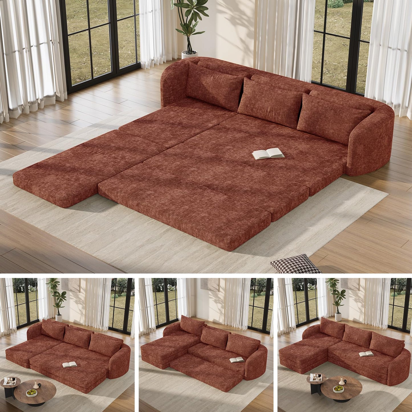 Vesgantti 110.2" Modular Sectional Sofa with Curved Armrest, 6 in 1 Convertible Folding Sleeper Sofa Bed, Chenille Boneless Couch for Living Room, No Assembly Required, Orange, Left Facing Chaise