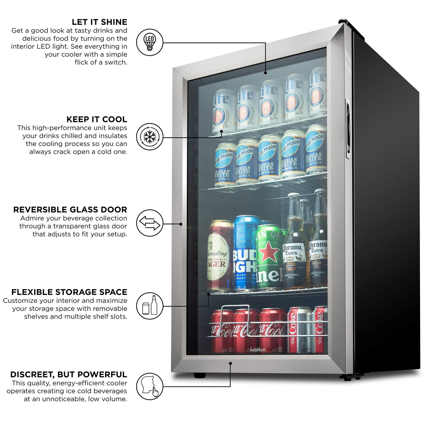 Ivation 126 Can Beverage Refrigerator | Freestanding Ultra Cool Mini Drink Fridge | Beer, Cocktails, Soda, Juice Cooler for Home & Office | Reversible Glass Door & Adjustable Shelving, Stainless Steel