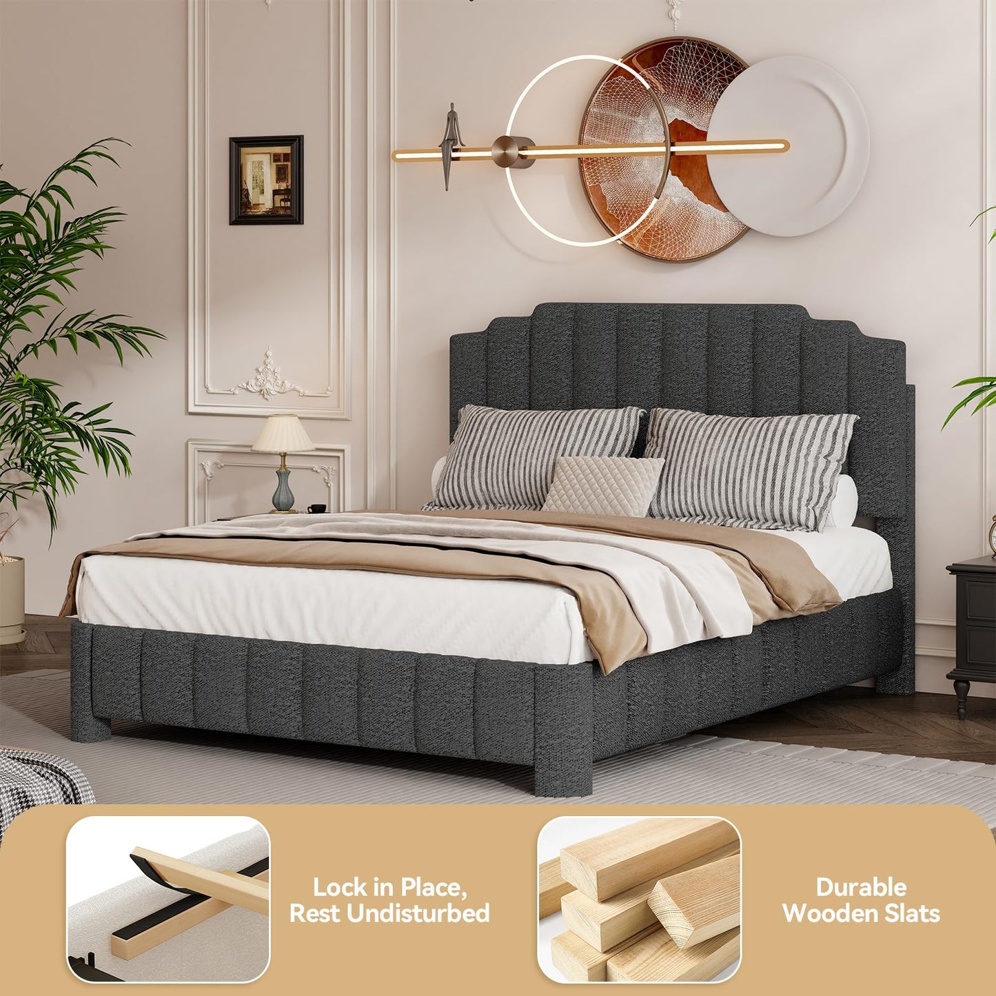HDDDZSW Queen Bed Frame with Adjustable Headboard, Boucle Queen Size Bed Frame Upholstered Platform Bed Frame, Solid Wood Slats Support Grey Bed Frame for Bedroom, No Box Spring Needed