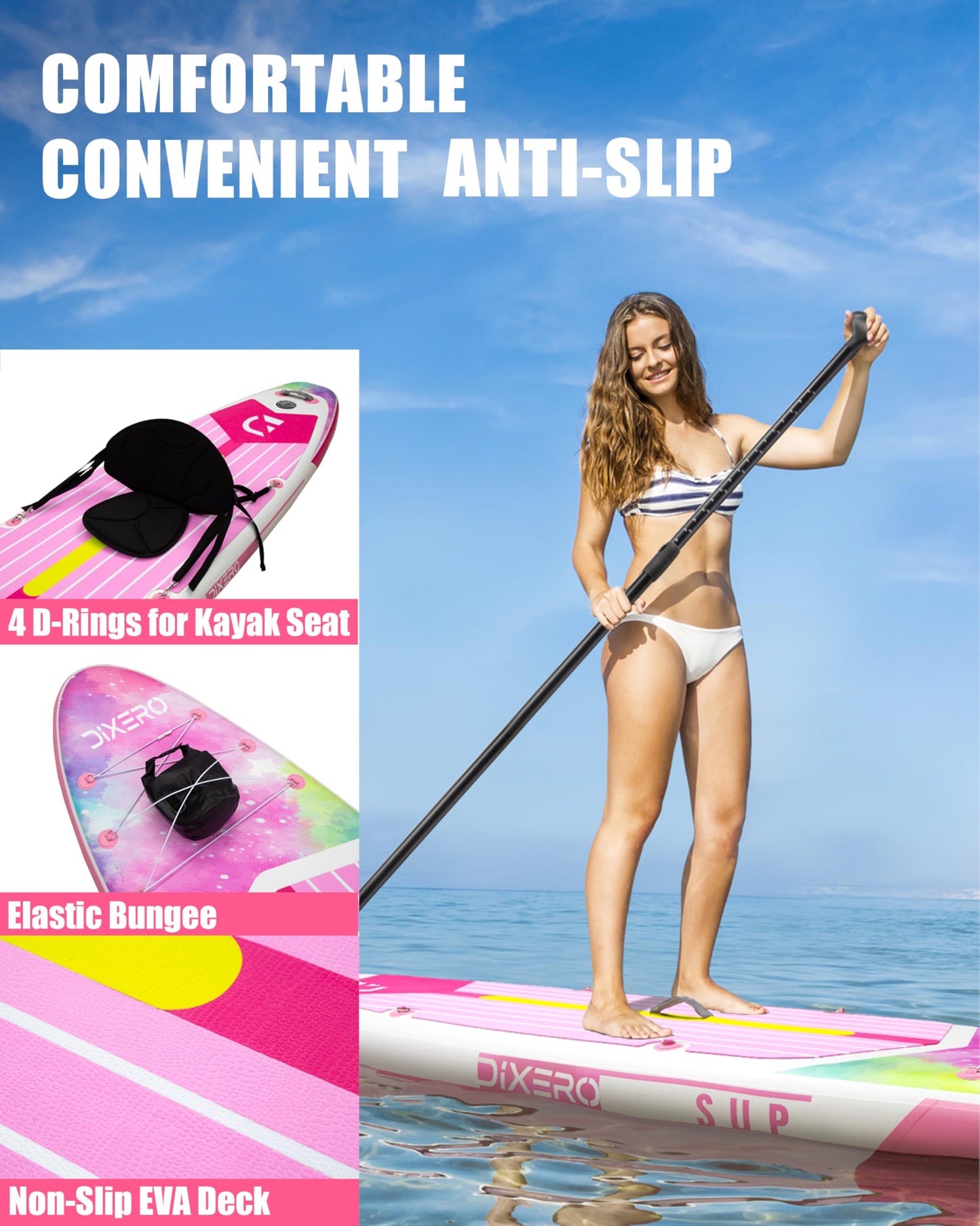 Dixero Inflatable Stand Up Paddle Board 11'*33",Wide Stable Design, Adjustable Paddle, 3 Fins, Non-Slip EVA Deck for Adults & Youth of All Skill Levels