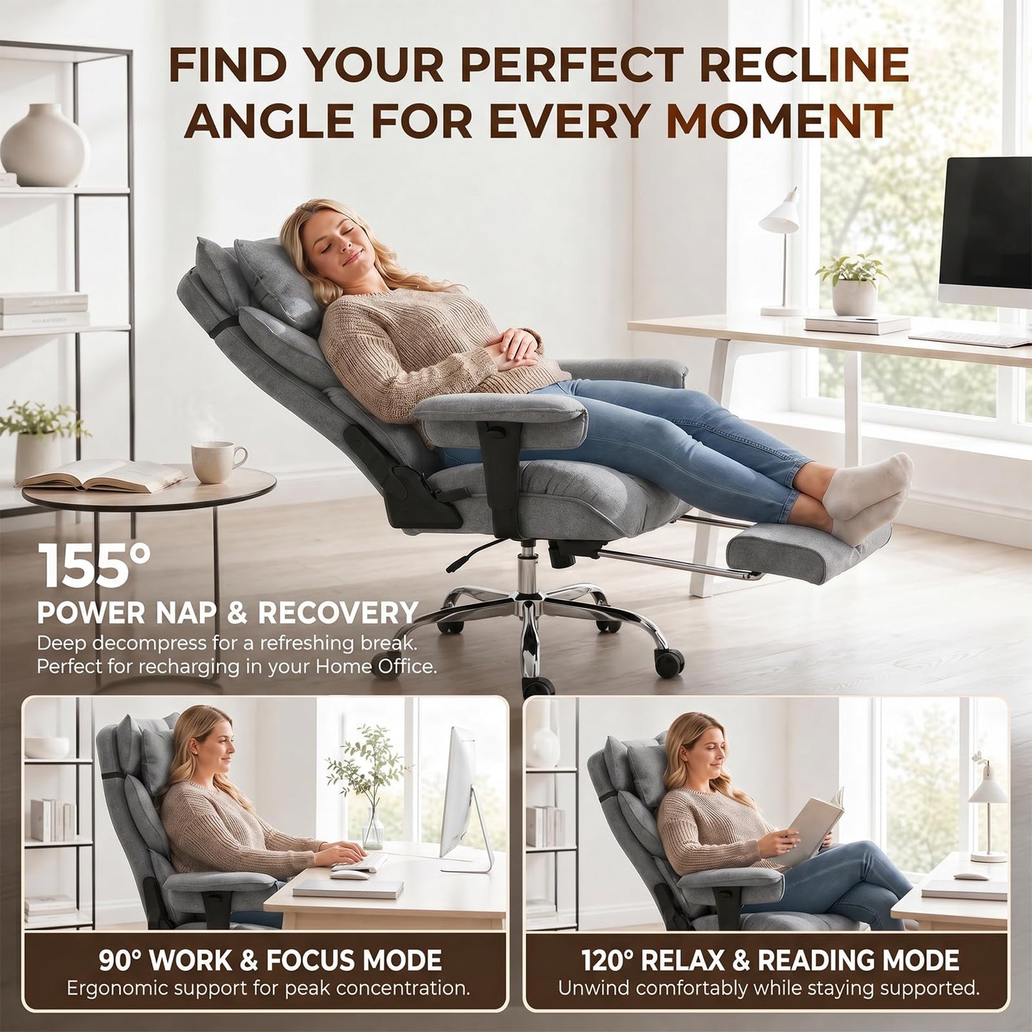 mokodo Big and Tall Office Chair 400lbs, Breathable Fabric Executive Desk Chair with Pocket Spring Cushion, 155° Reclining Computer Chair with Integrated Headrest & Lumbar Pillow (Grey)