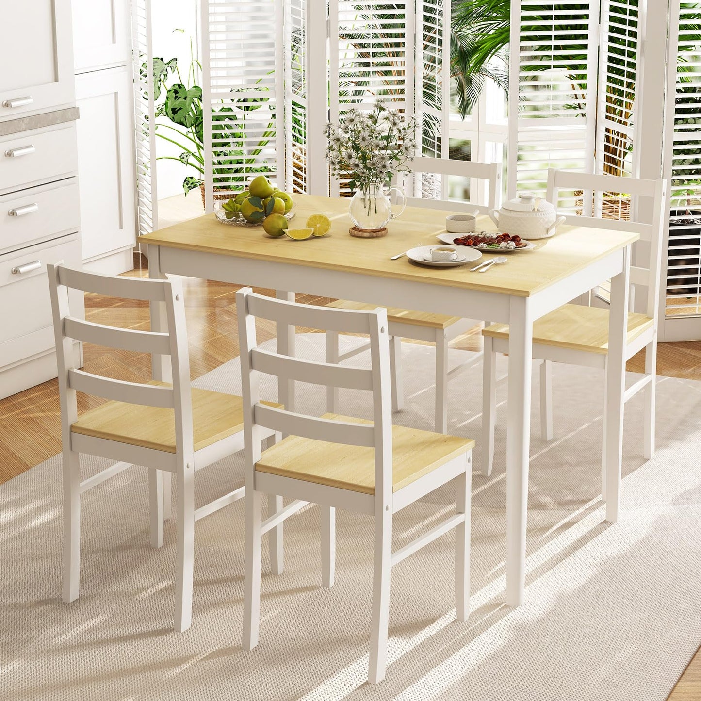 Tangkula Dining Table Set for 4, Solid Wood, Farmhouse Dinette Set w/Rubber Wood Legs, Compact Dining Table and Chairs Set for Kitchen, Dining Room (Natural+White)