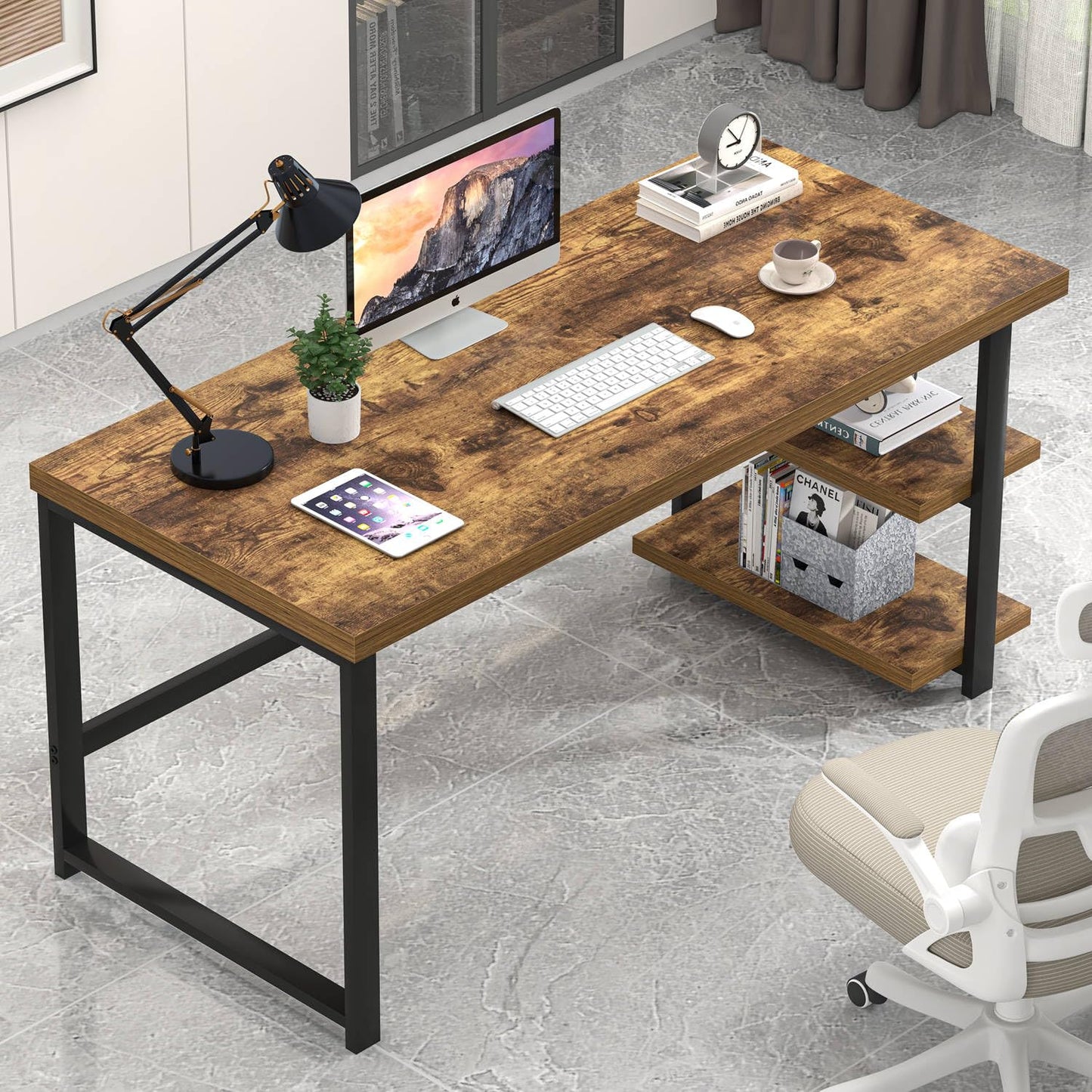 EXCEFUR Modern Computer Desk, Home Office Desk with Storage Shelf, Wood Study Writing Table Workstation for Bedroom Living Room, Rustic Brown, 53 Inch