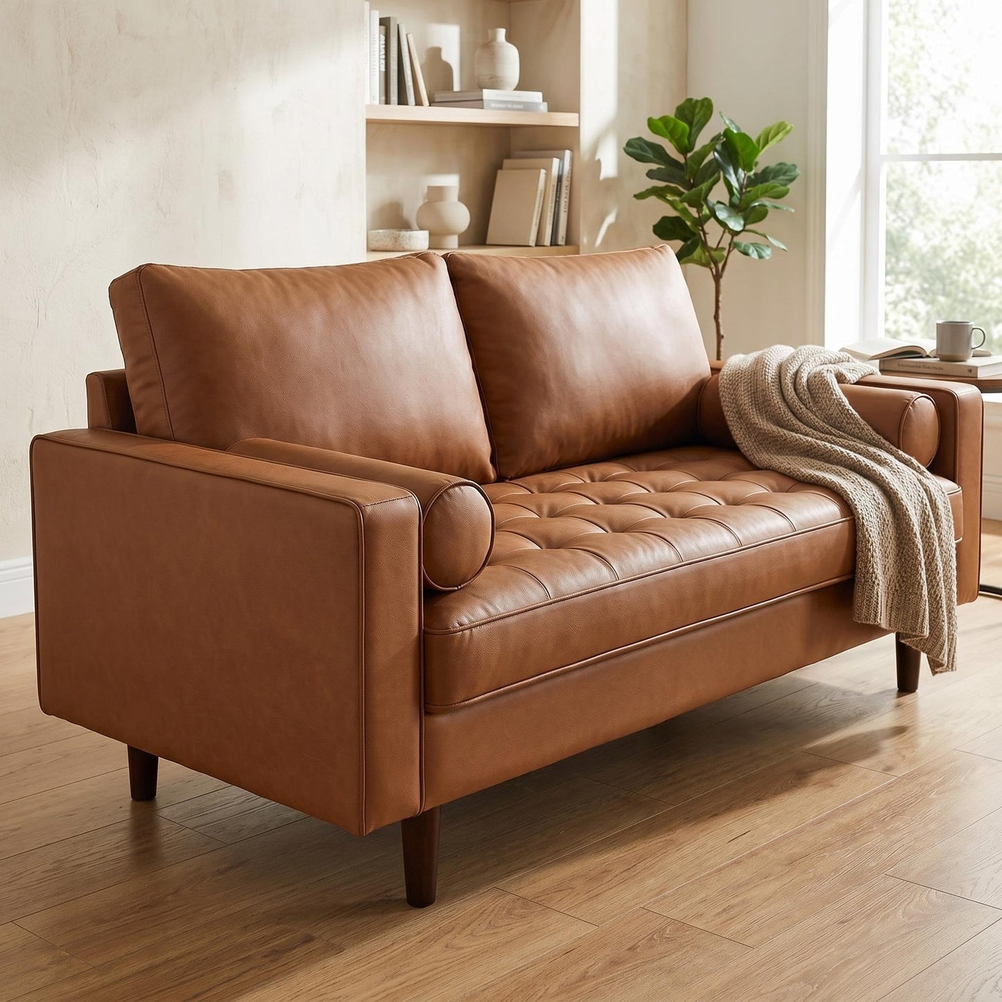 Container Furniture Direct Womble Mid Century Modern Couch with Bolster Pillows, PU Leather Upholstered Tufted Seat, Versatile Retro Design for Comfortable Living Spaces, Loveseat