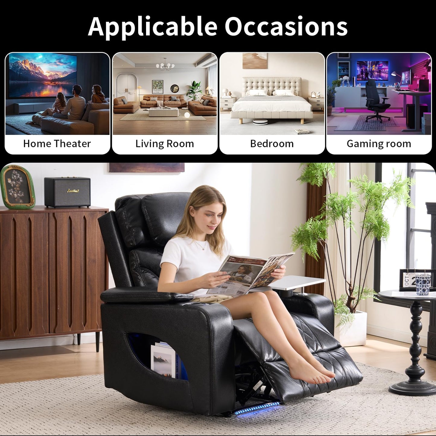Zuacs Home Theater Seating, Power Recliner with Cooling Cup Holder & Heating Massage, Electric Recliner Chair with Tray Table, USB Charging, Manual Headrest for Living Room,Matte Black