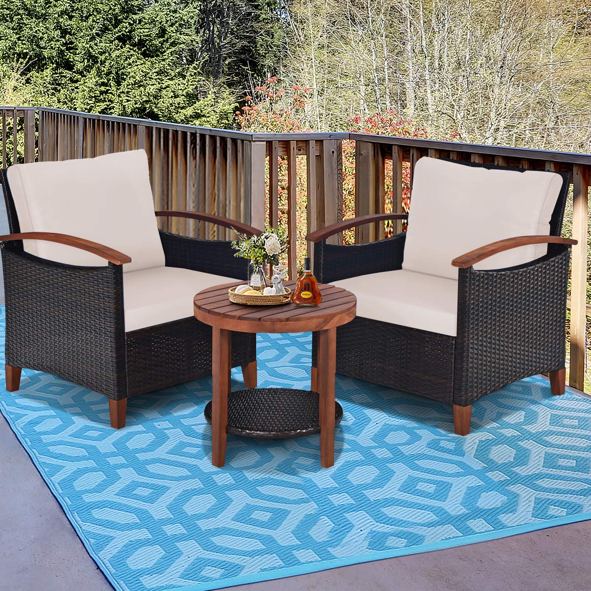 HAPPYGRILL 3 Pieces Patio Conversation Set Outdoor Rattan Wicker Sofa Set with Cushion & Acacia Wood Frame, Coffee Table and Chairs Set for Garden Poolside Balcony