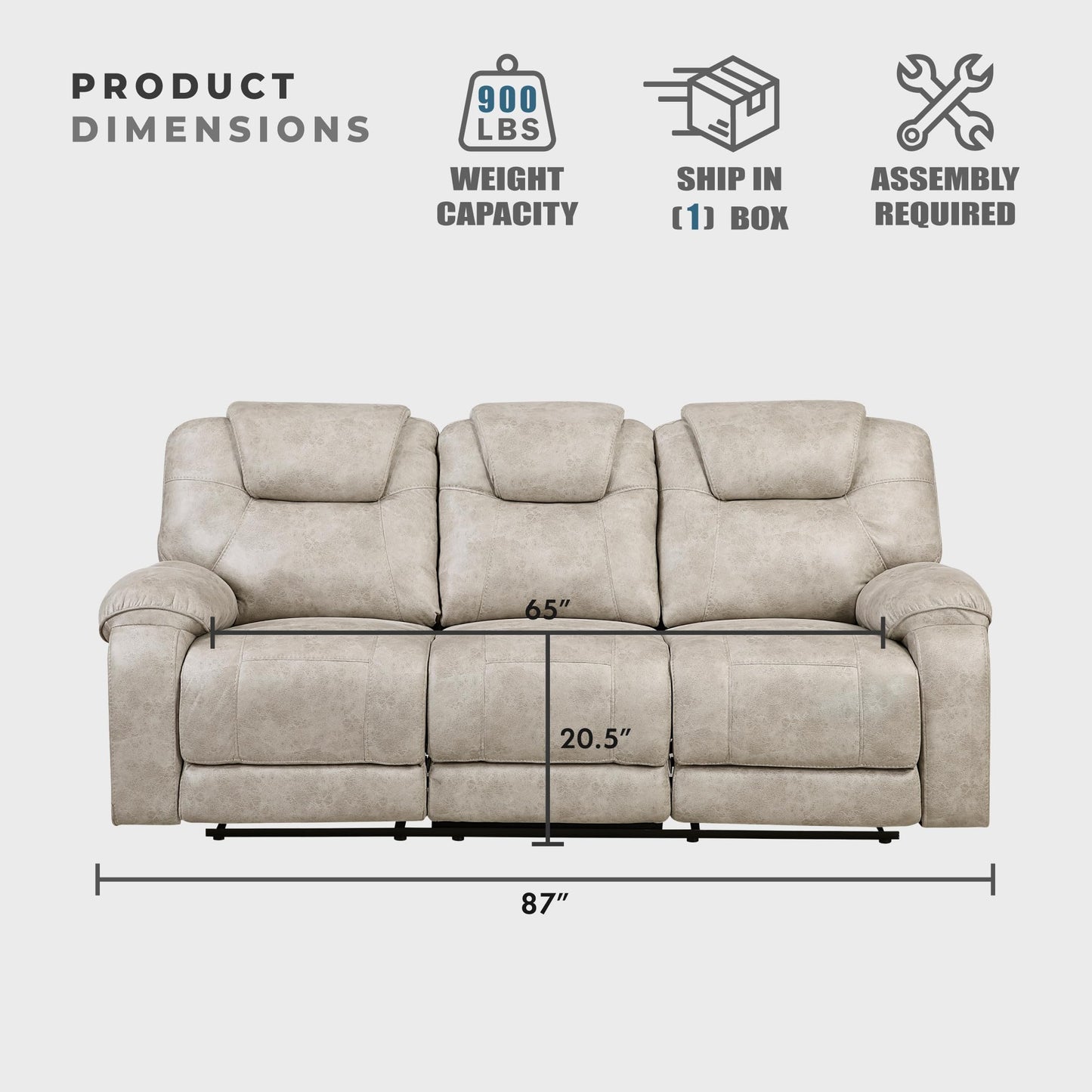 Lexicon Manual Double Reclining Sofa, Polished Microfiber Wall Hugger 3 Seater Manual Tab Pull Sofa Recliner for Living Room, Pillow Top Armrest, Padded Headrest, Easy Assembly, Pewter